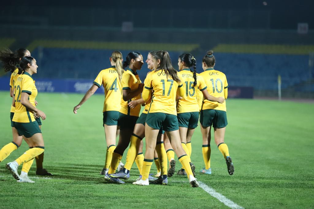 Australia celebrating a goal against the Kyrgyz Republic during the 2024 AFC U-20 Women's Asian Cup Round 1 Qualifiers.