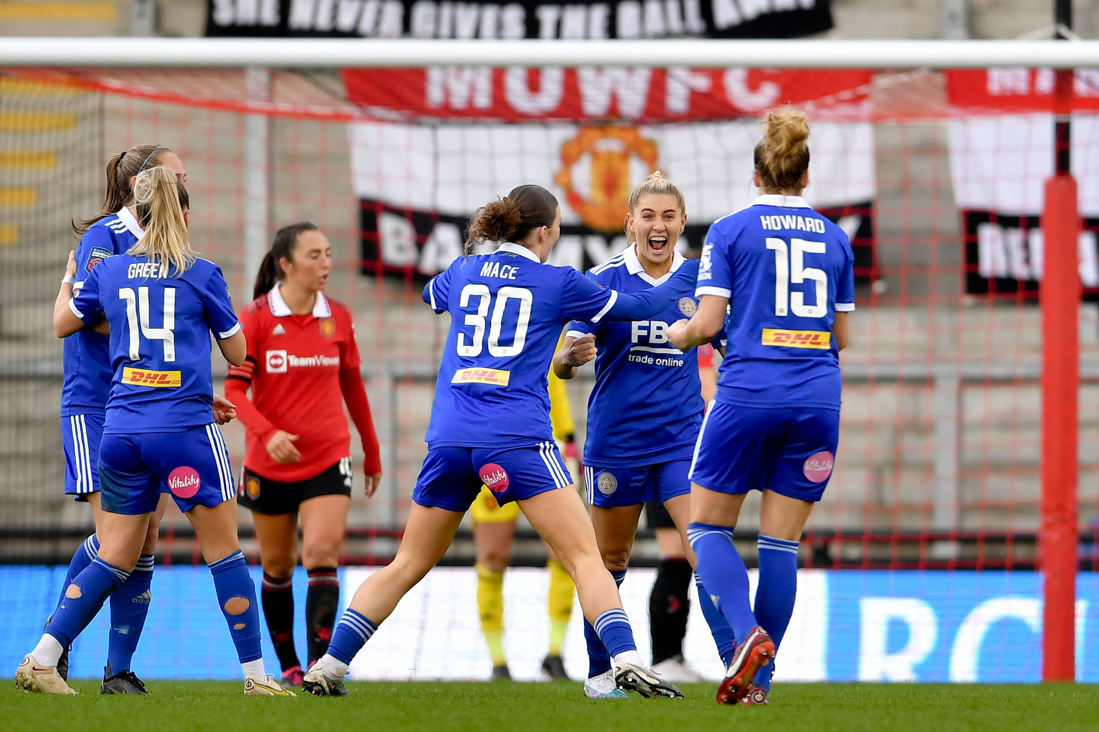 Remy Siemsen celebrates scoring Leicester Citys first goal during the The FA Women s Super League match at Leigh Sports Village, Leigh. Picture credit should read: Gary Oakley / Sportimage