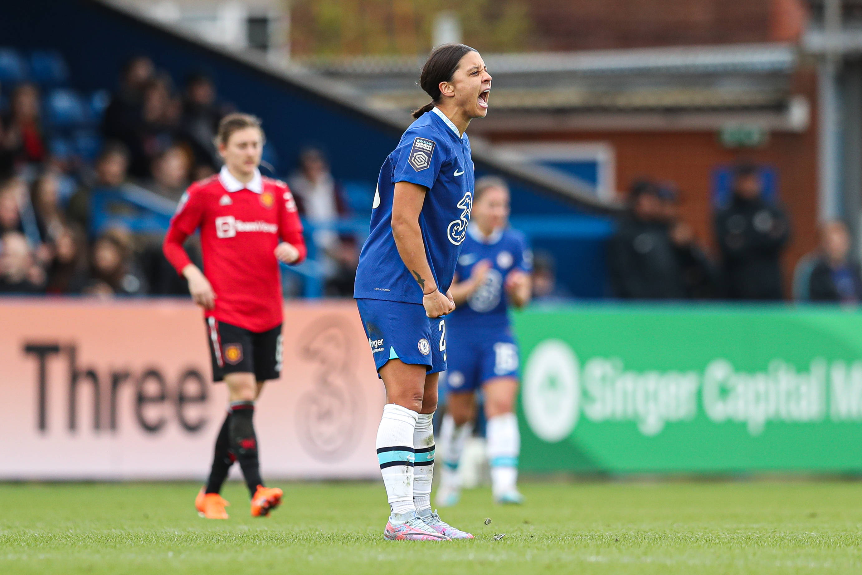 Sam Kerr of Chelsea celebrates after the The FA Women s Super League match at Kingsmeadow, Kington Upon Thames. Picture credit should read: Kieran Cleeves / Sportimage