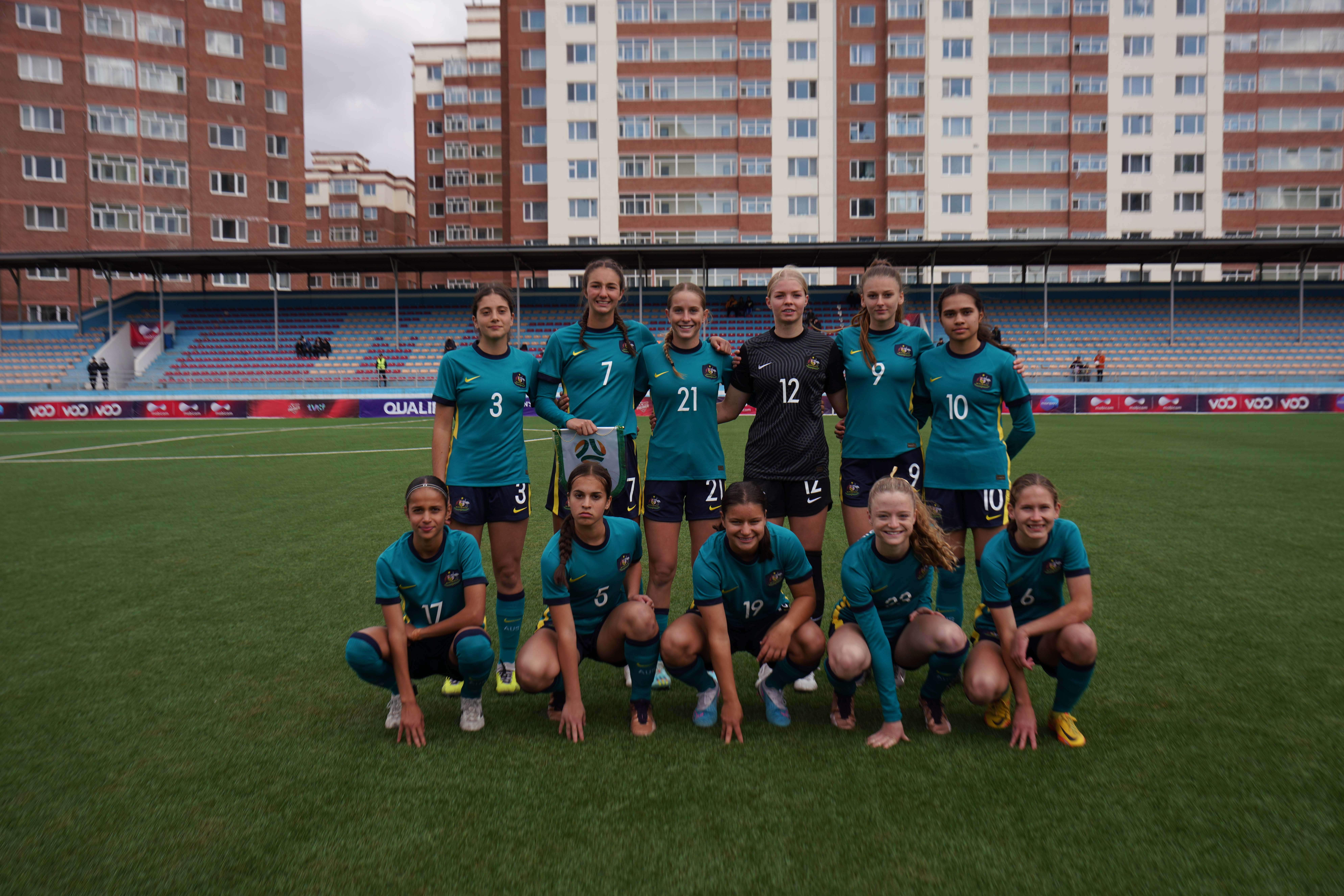 The CommBank Junior Matildas Starting XI against Mongolia.  Back Row (L to R): Amelia Tartaglia, Ruby Cuthbert (c), Shelby McMahon, Jessica Skinner, Christina Kiceec and Grace Kuilamu. Front Row (L to R): Talia Younis, Georgia Groidis, Sienna Dale, Jade O'Brien and Kiera Meyers