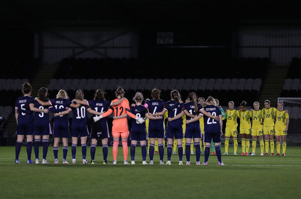 Both team's take part in a minutes silence to remember Walter Smith during the International Friendly match between Scotland and Sweden at SMISA Stadium on October 26, 2021 in Paisley, Scotland. (Photo by Ian MacNicol/Getty Images)