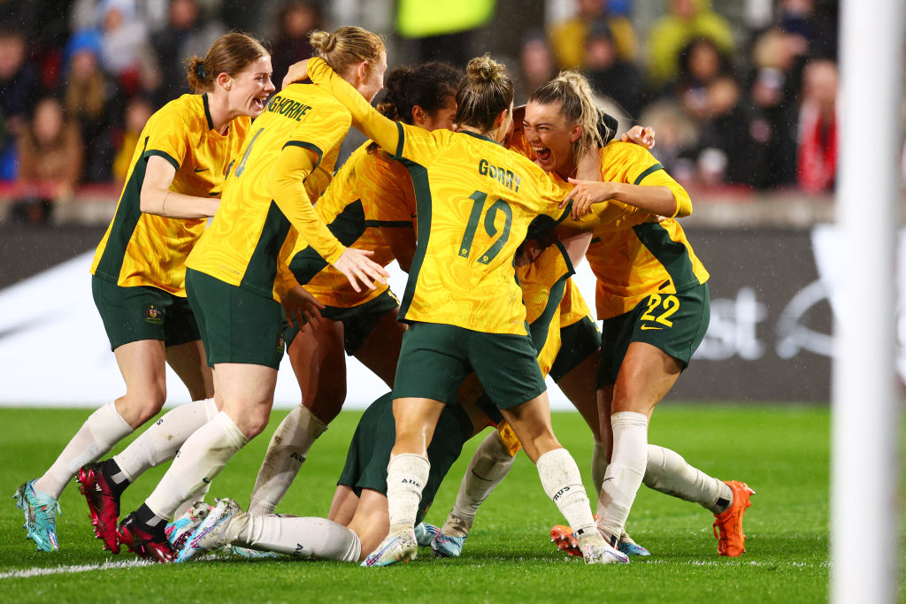 England v Australia - Women's International Friendly BRENTFORD, ENGLAND - APRIL 11: Charlotte Grant of Australia celebrates after scoring the team's second goal with teammates during the Women's International Friendly match between England and Australia at Gtech Community Stadium on April 11, 2023 in Brentford, England. (Photo by Clive Rose/Getty Images )