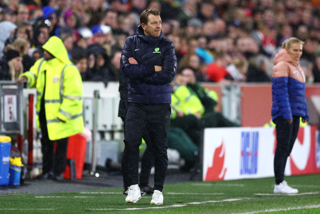 Tony Gustavsson, Head Coach of Australia, looks on during the Women's International Friendly match between England and Australia at Gtech Community Stadium on April 11, 2023 in Brentford, England. (Photo by Clive Rose/Getty Images ) Tony Gustavsson, Head Coach of Australia, looks on during the Women's International Friendly match between England and Australia at Gtech Community Stadium on April 11, 2023 in Brentford, England. (Photo by Clive Rose/Getty Images )
