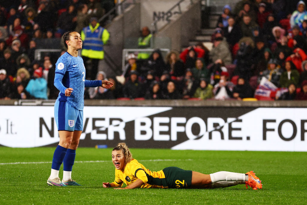 Charlotte Grant of Australia celebrates after scoring the team's second goal during the Women's International Friendly match between England and Australia at Gtech Community Stadium on April 11, 2023 in Brentford, England. (Photo by Clive Rose/Getty Images )