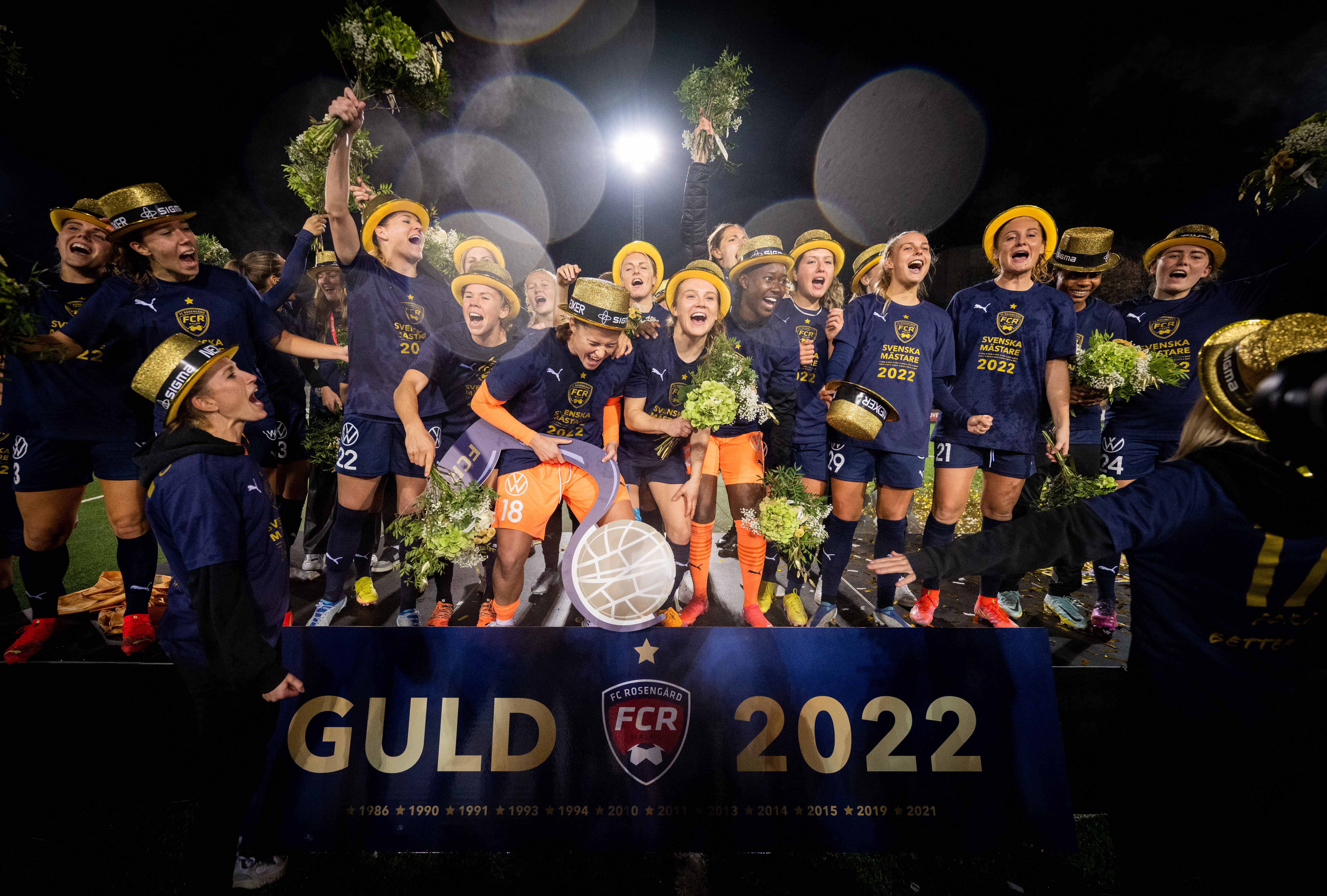 FC Rosengards goal keeper Teagan Micah and Fiona Brown celebrate with a replica of Crown Princess Victorias trophy after FC Rosengard became Swedish Champions 2022 after the football match in the Damallsvenskan between FC Rosengard and Djurgarden on October 31, 2022 in Malmö,