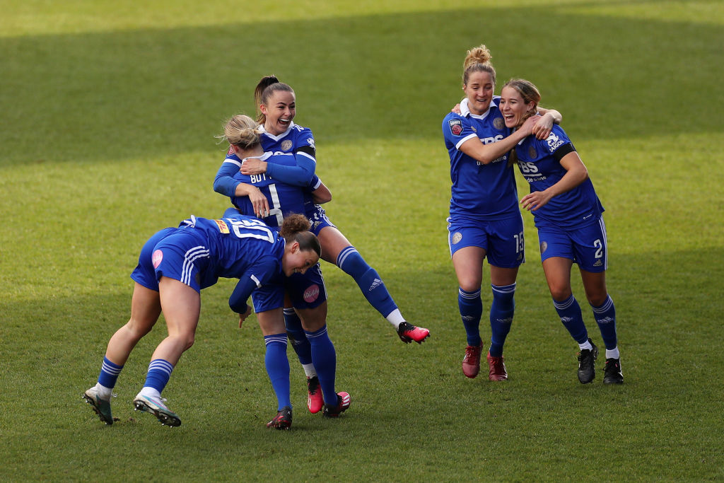 Hannah Cain of Leicester City celebrates with Ruby Mace, CJ Bott, Sophie Howard and Demi Vance after scoring their side's first goal during the FA Women's Super League match between Liverpool and Leicester City at Prenton Park on February 12, 2023 in Birkenhead, England. (Photo by Lewis Storey/Getty Images)