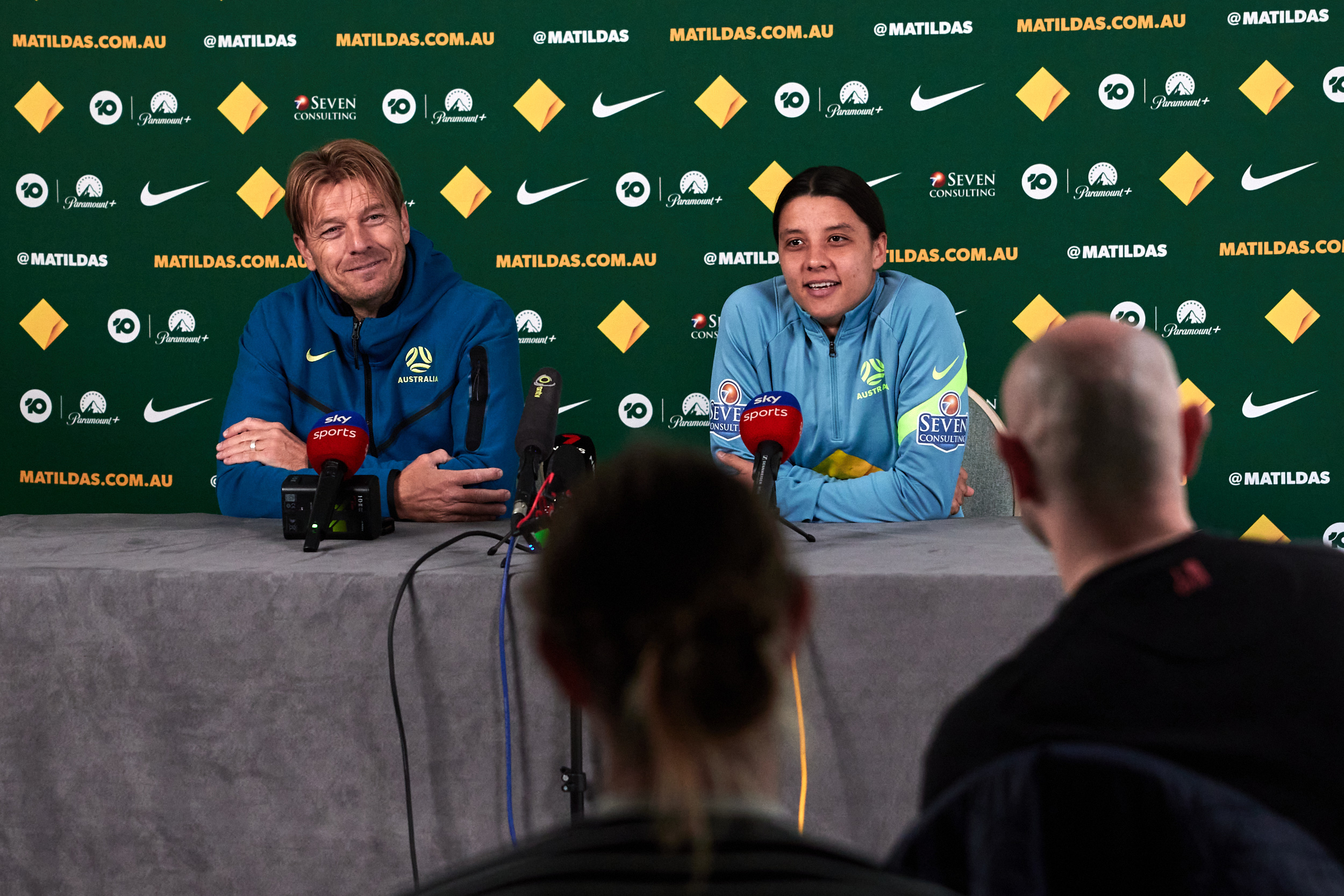 Tony Gustavsson and Sam Kerr during Australia's pre-match press conference before the CommBank Matildas face Scotland. (Photo: Rachel Bach/By The White Line)
