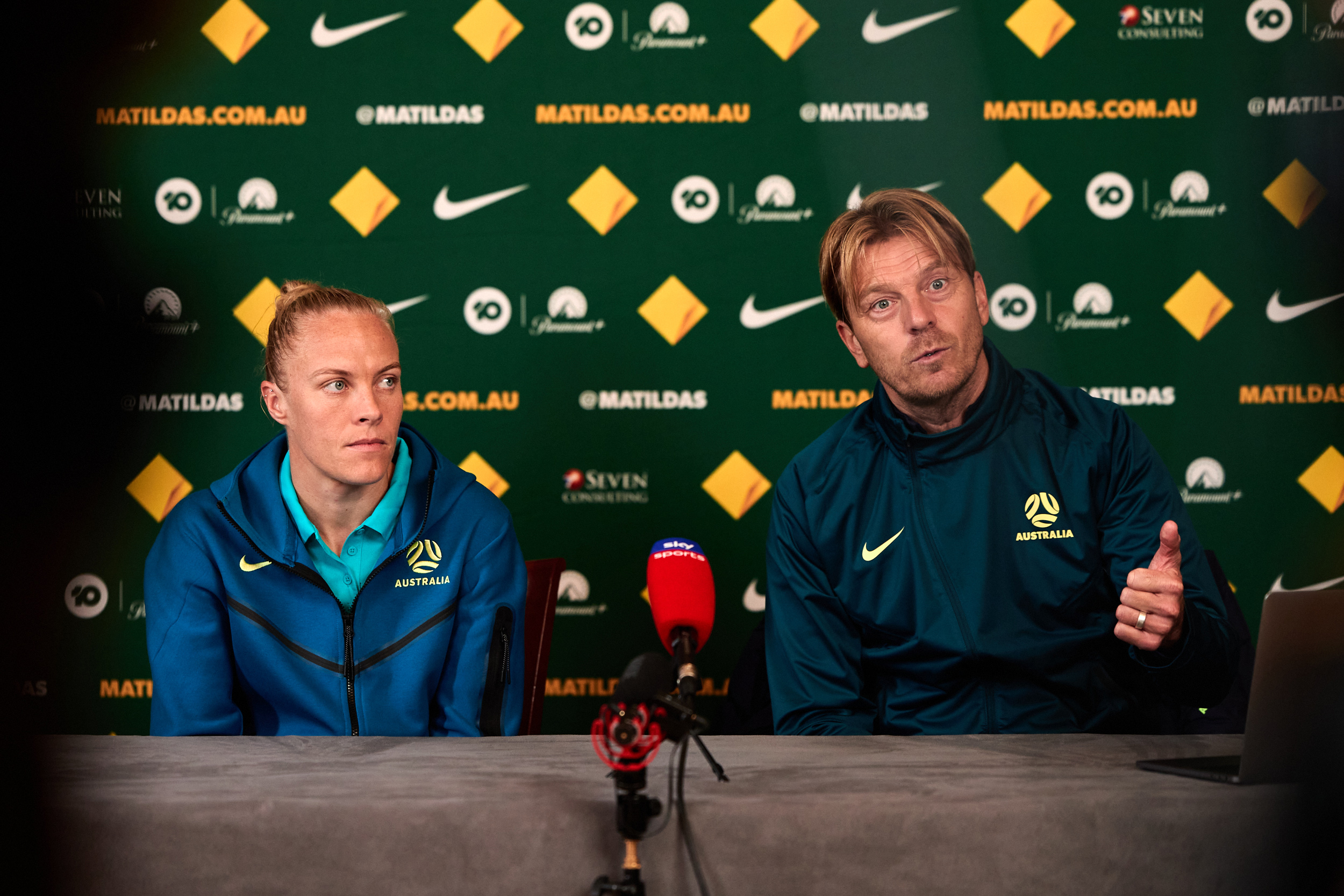 Tameka Yallop and Tony Gustavsson during Australia's pre-match press conference before the CommBank Matildas face England. (Photo: Rachel Bach/By The White Line)