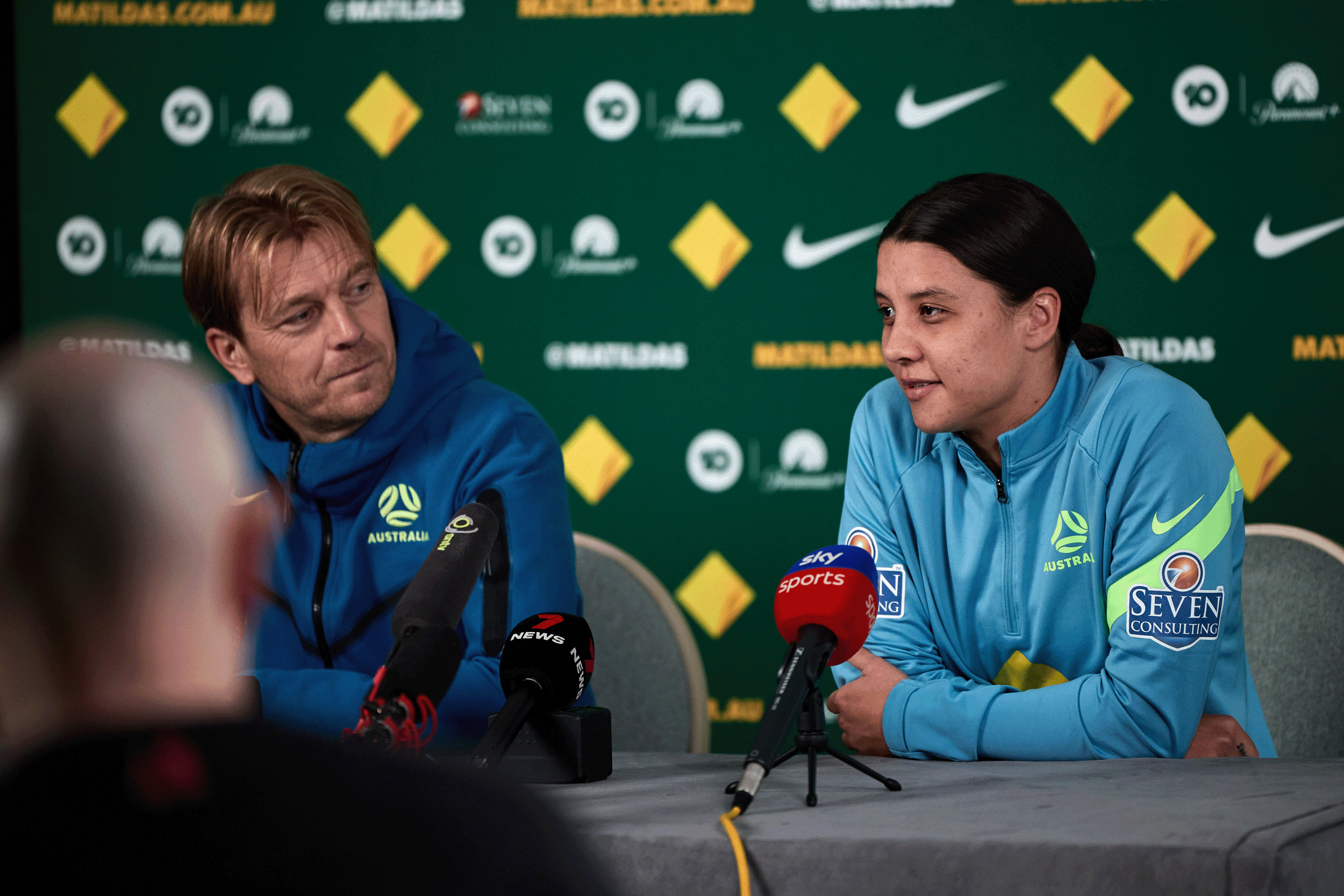 Sam Kerr during Australia's pre-match press conference before the CommBank Matildas face Scotland. (Photo: Rachel Bach/By The White Line)