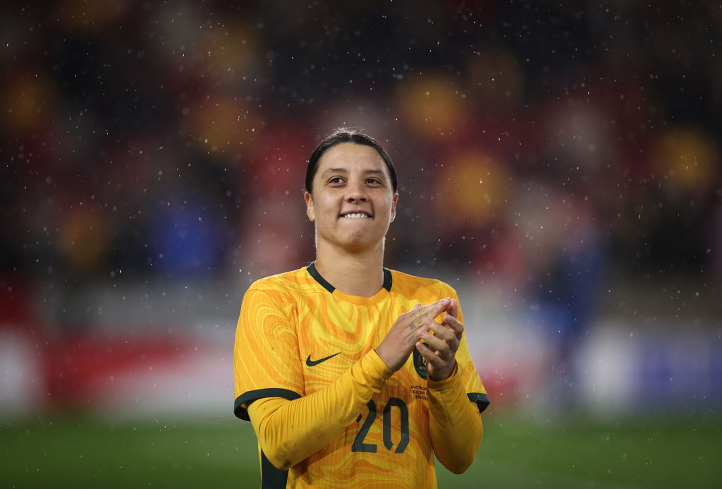 Sam Kerr of Australia applauds their fans after defeating England during the Women's International Friendly match between England and Australia at Gtech Community Stadium on April 11, 2023 in Brentford, England. (Photo by Ryan Pierse/Getty Images)
