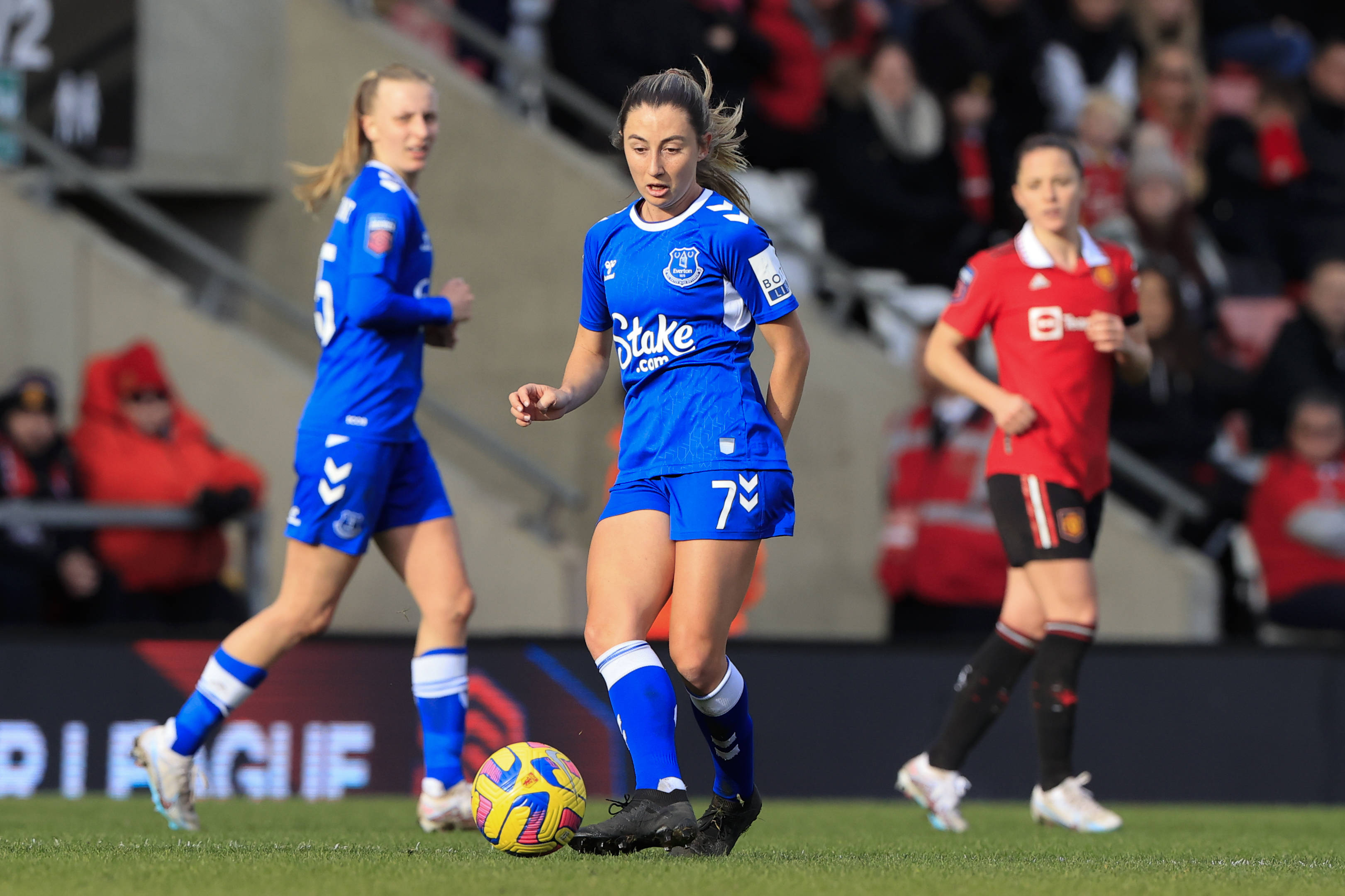Clare Wheeler 7 of Everton passes the ball during the The FA Women s Super League match Manchester United Women vs Everton Women at Leigh Sports Village, Leigh, United Kingdom, 5th February 2023 (Photo by Conor Molloy/News Images)