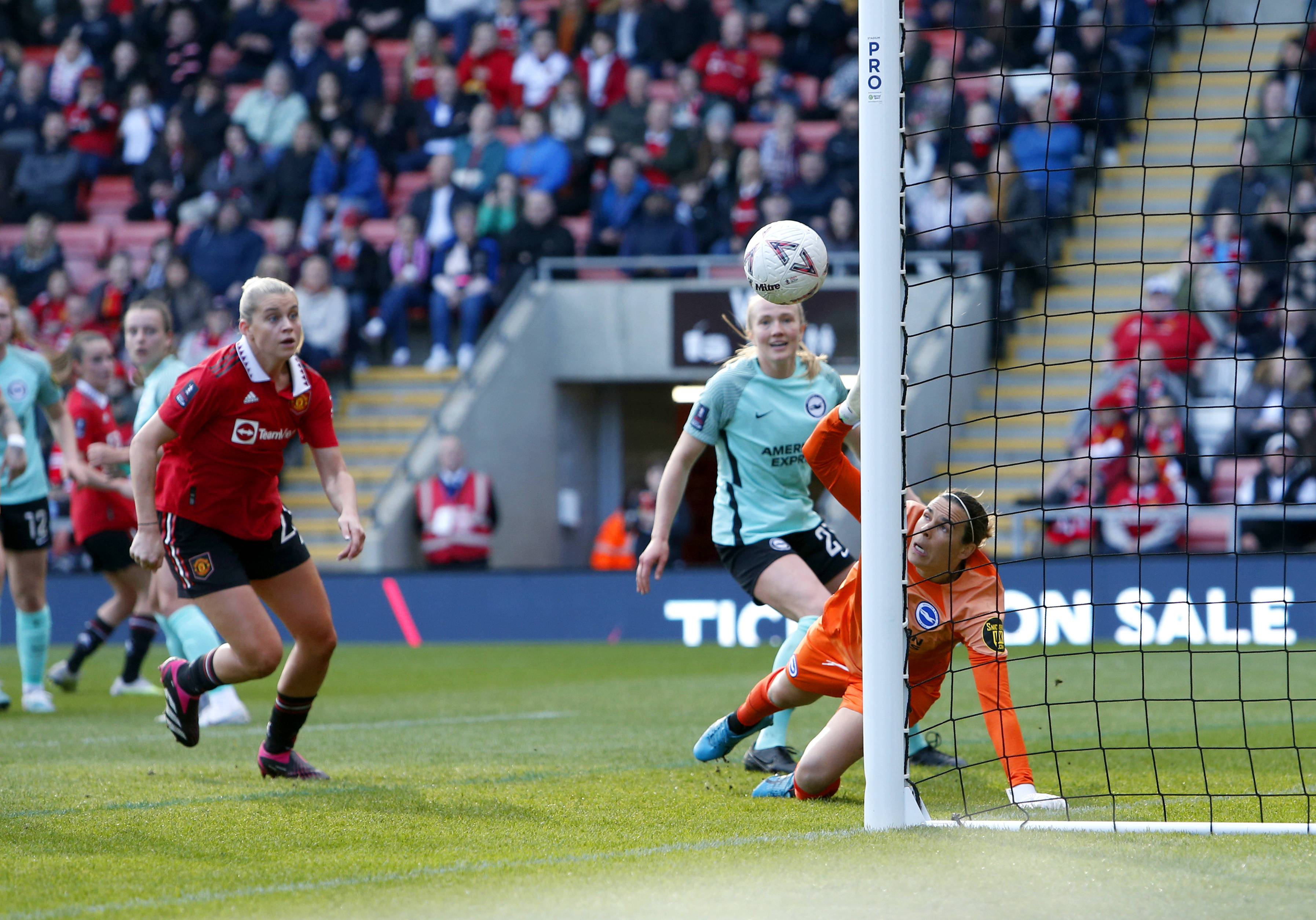 Brighton and Hove Albion goalkeeper Lydia Williams makes a save during the Vitality Women s FA Cup, semi-final match at Leigh Sports Village, Leigh. Brighton and Hove Albion goalkeeper Lydia Williams makes a save during the Vitality Women s FA Cup, semi-final match at Leigh Sports Village, Leigh.