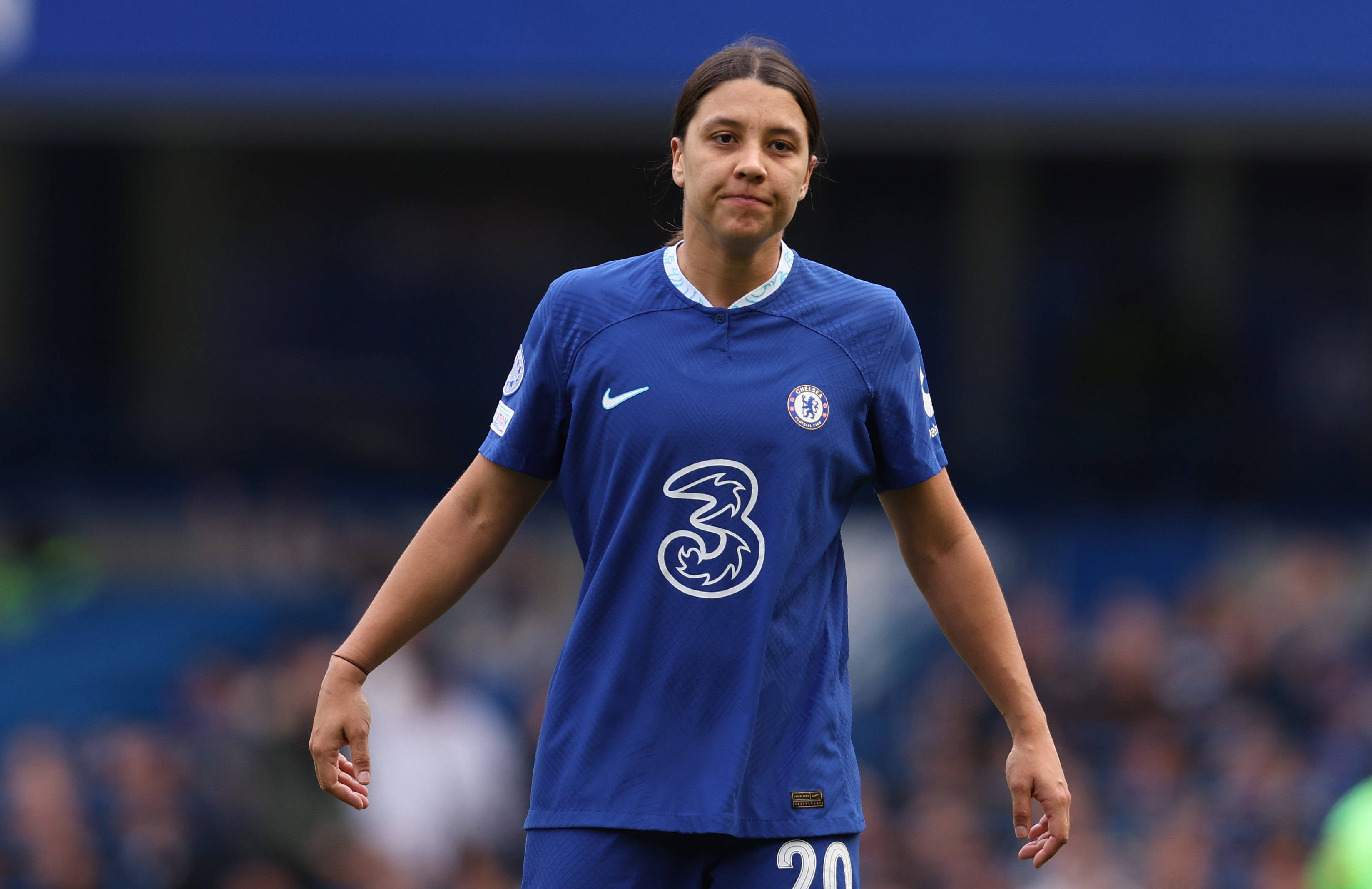 Sam Kerr of Chelsea during the UEFA Women's Champions League semifinal 1st leg match between Chelsea FC and FC Barcelona at Stamford Bridge on April 22, 2023, in London, England. (Photo: Paul Terry / Sportimage)