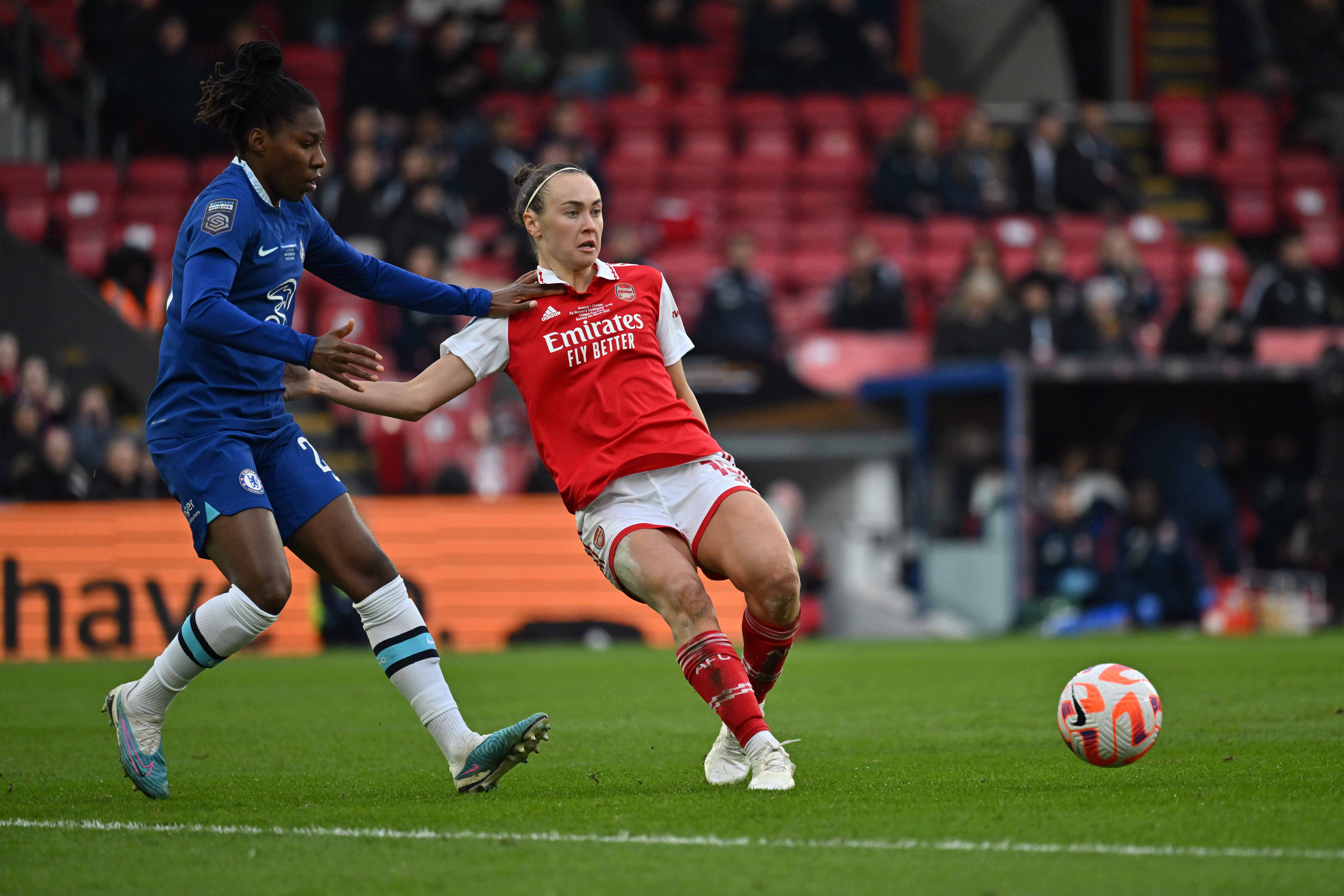 Kadeisha Buchanan of Chelsea and Caitlin Foord of Arsenal during FA Women s Continental Tyres League Cup Final match between Chelsea and Arsenal at Selhurst Park on March 5, 2023 in London, United