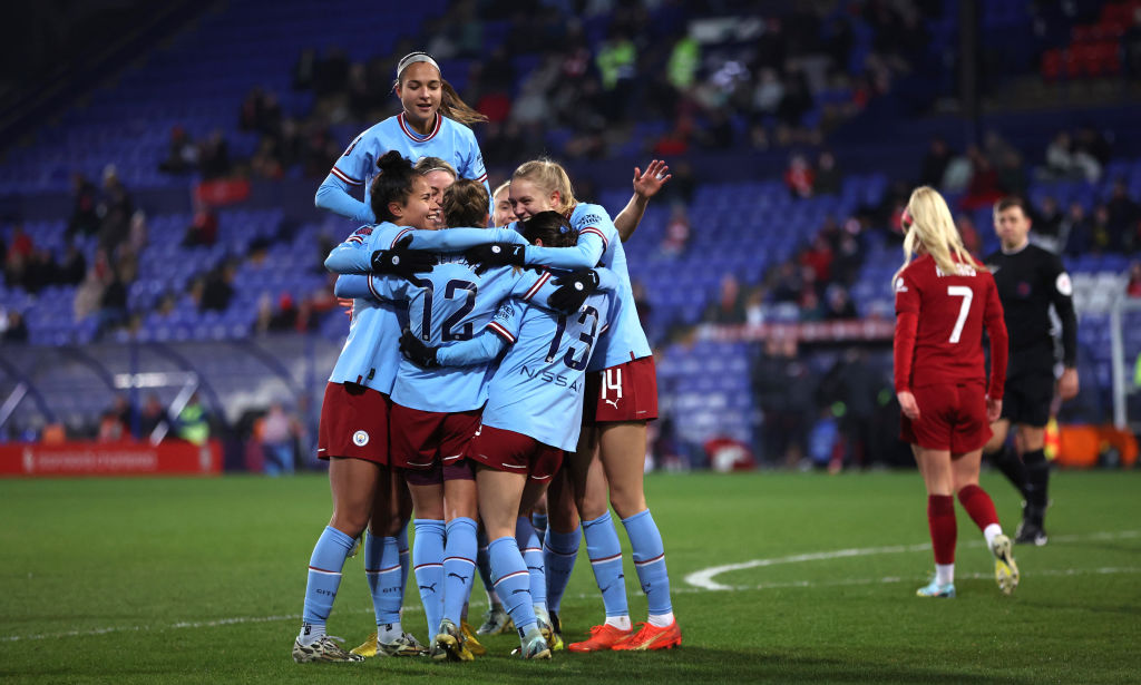 Filippa Angeldahl of Manchester City celebrates after she scores their first goal during to the FA Women's Continental Tyres League Cup match between Liverpool and Manchester City at Prenton Park on December 07, 2022 in Birkenhead, England. (Photo by Nathan Stirk/Getty Images)