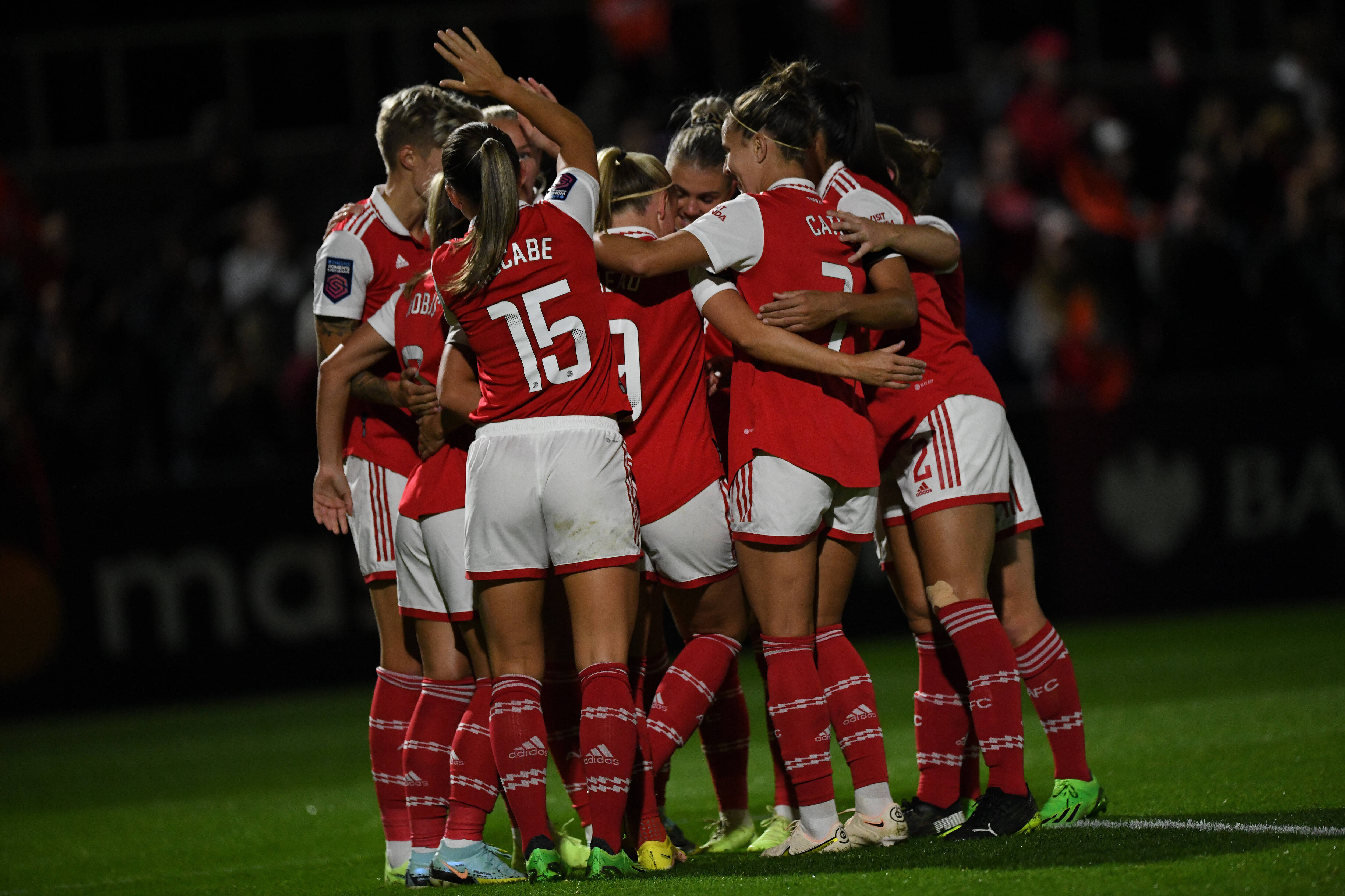 The team celebrating Beth Mead s goal during the WSL match between Arsenal Women and Brighton Women at Meadow Park Boreham Wood, London UK on 16th September 2022
