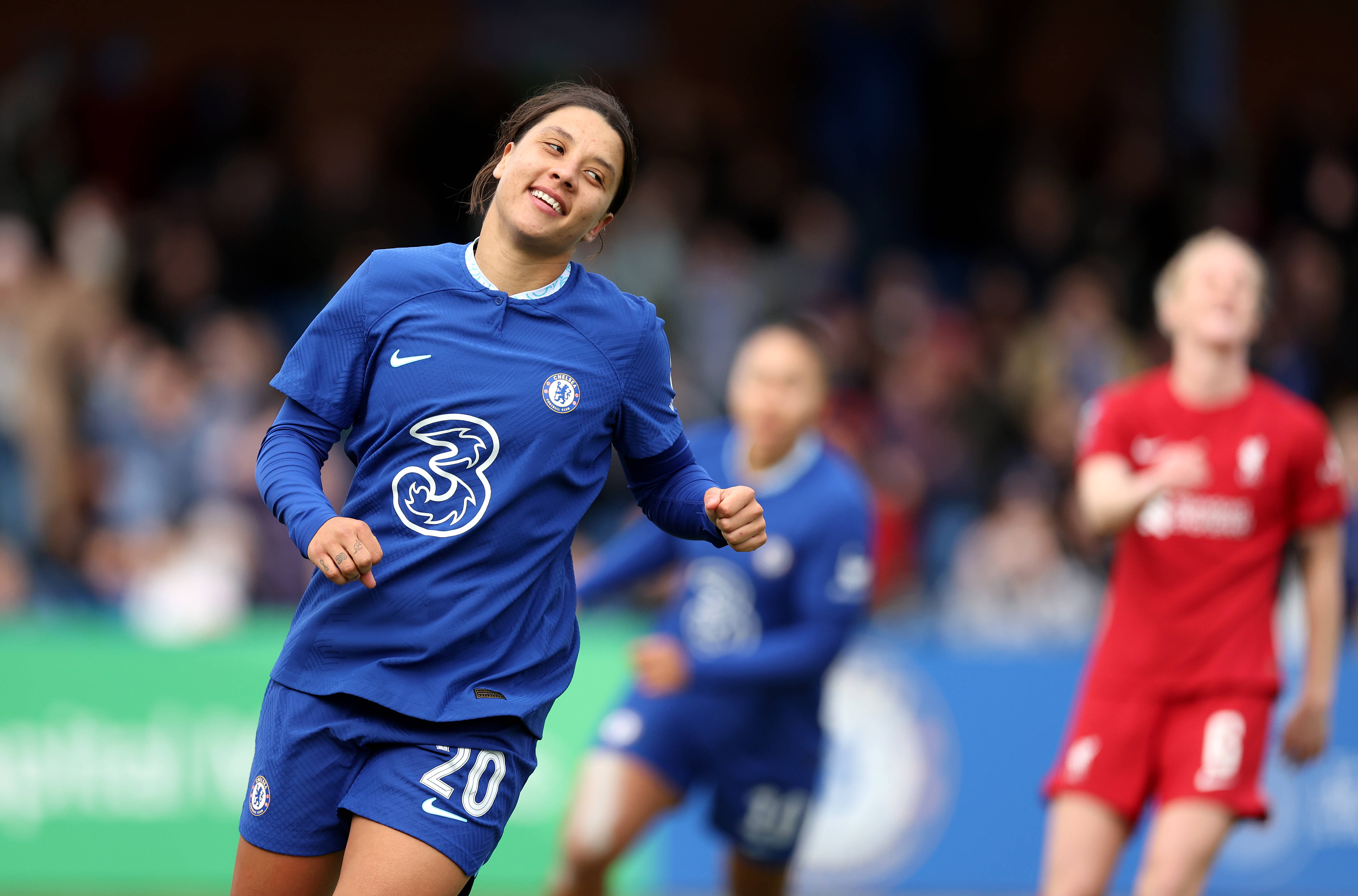 Chelsea’s Sam Kerr celebrates scoring their side s second goal of the game during the Vitality Women s FA Cup fourth round match at Kingsmeadow, London. 