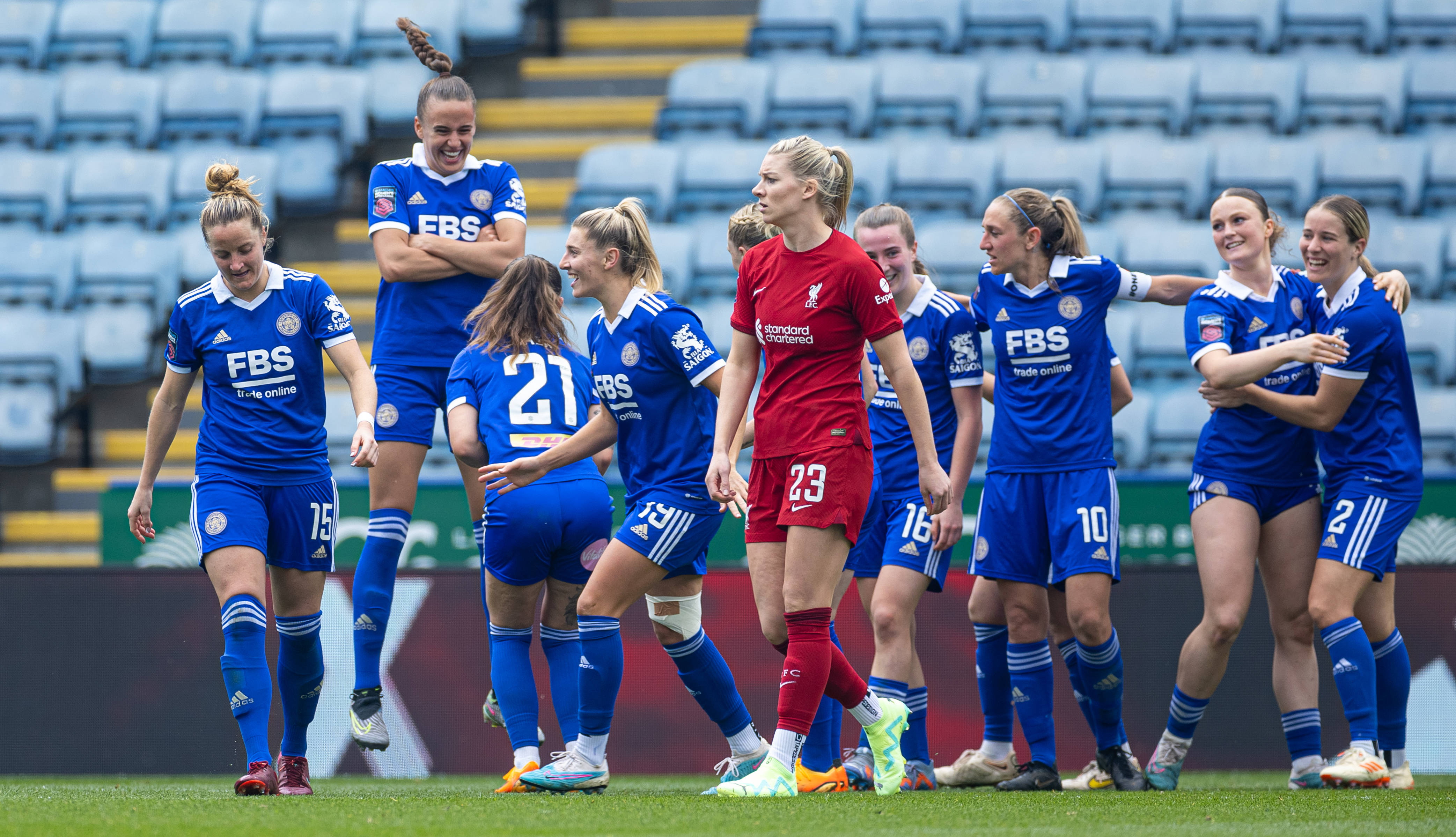 Leicester City s Ashleigh Plumptre (2nd from L) celebrates after scoring the third goal during the FA Women™s Super League game between Liverpool FC Women and Brighton & Hove Albion FC Women at Prenton Park.