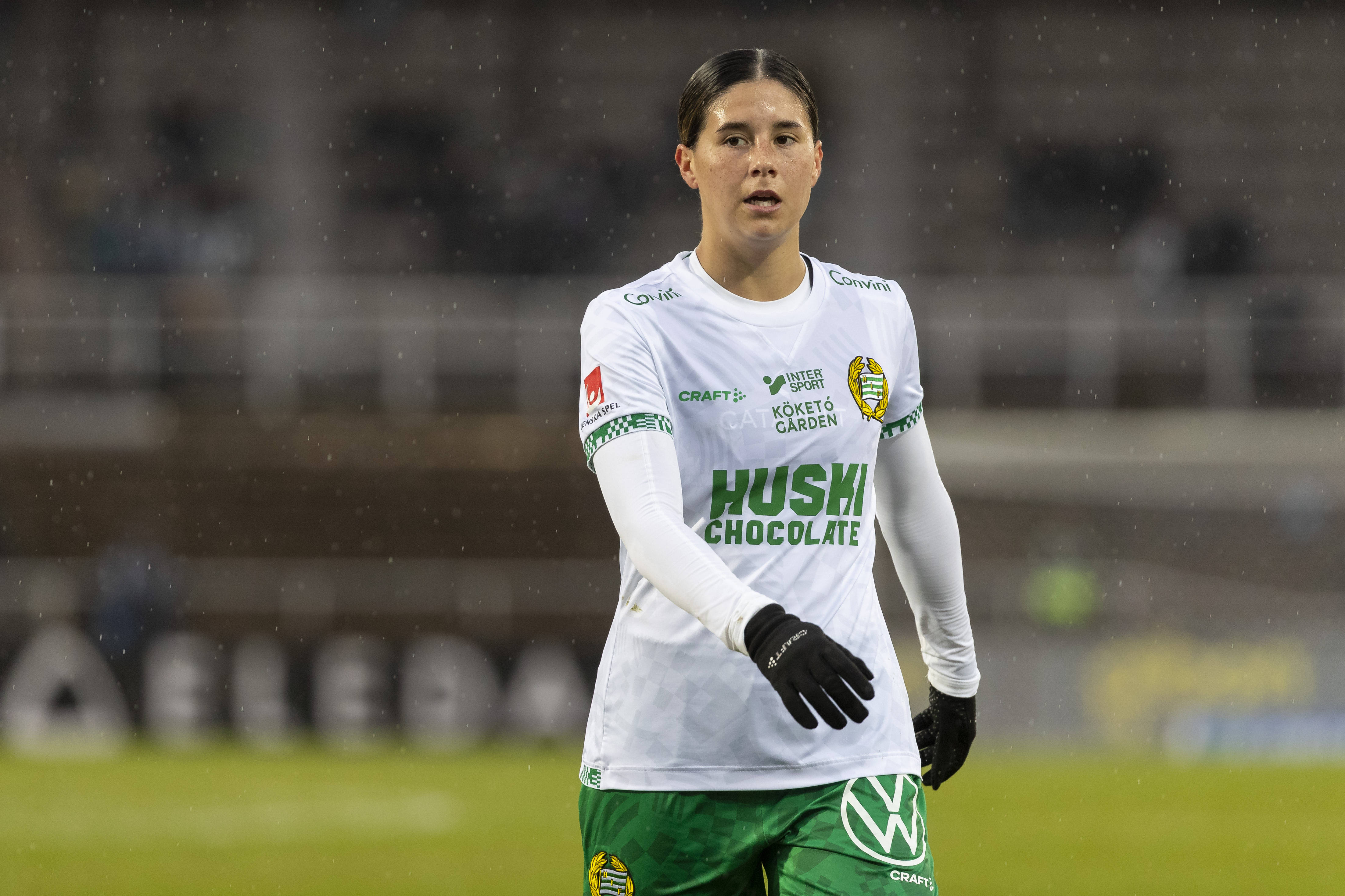 Hammarbys Kyra Cooney Cross during the Damallsvenskan football match between Djurgarden and Hammarby on May 1, 2023 in Stockholm.