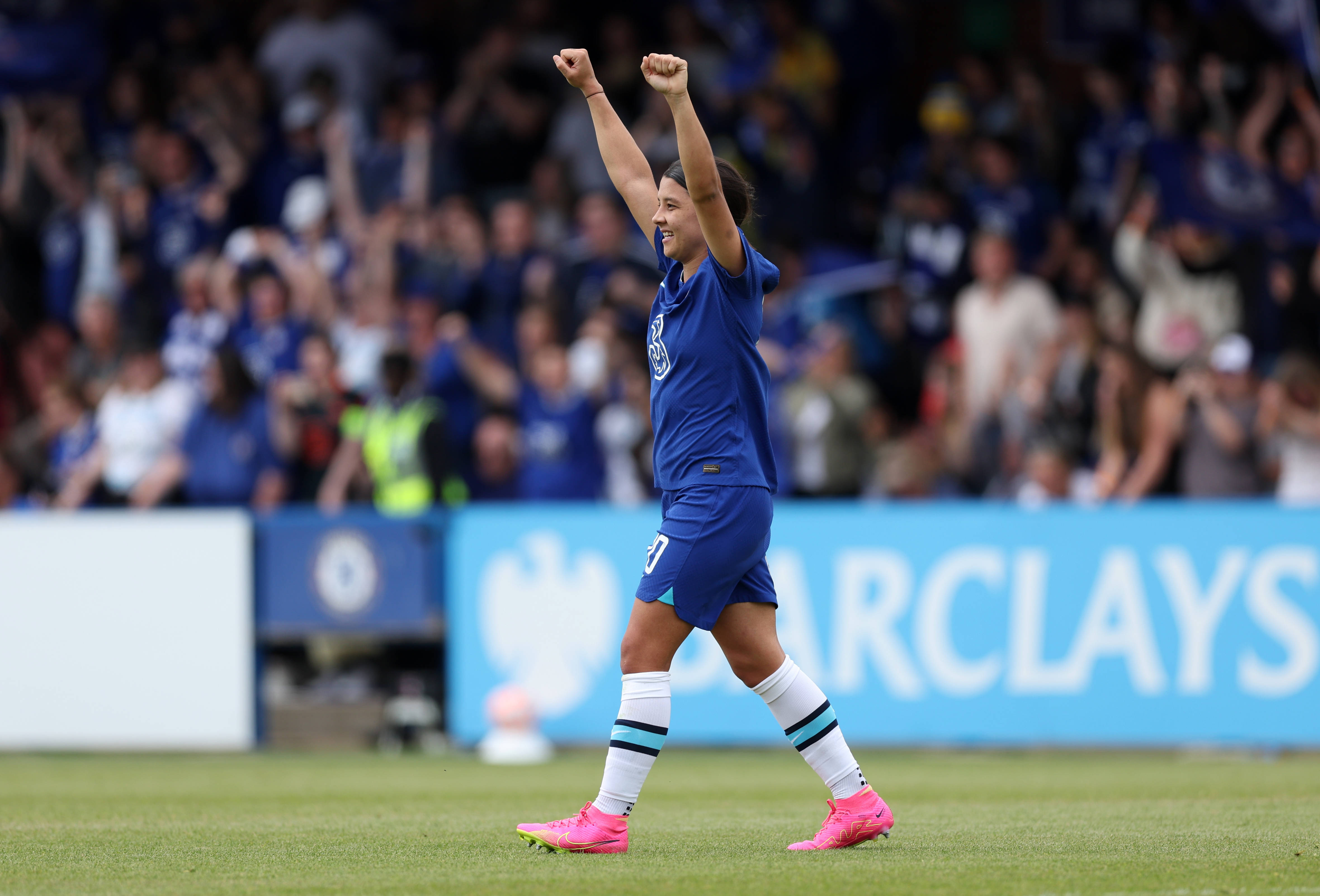 Chelsea s Sam Kerr celebrates after the Barclays Women s Super League match at Kingsmeadow, Kingston upon Thames.