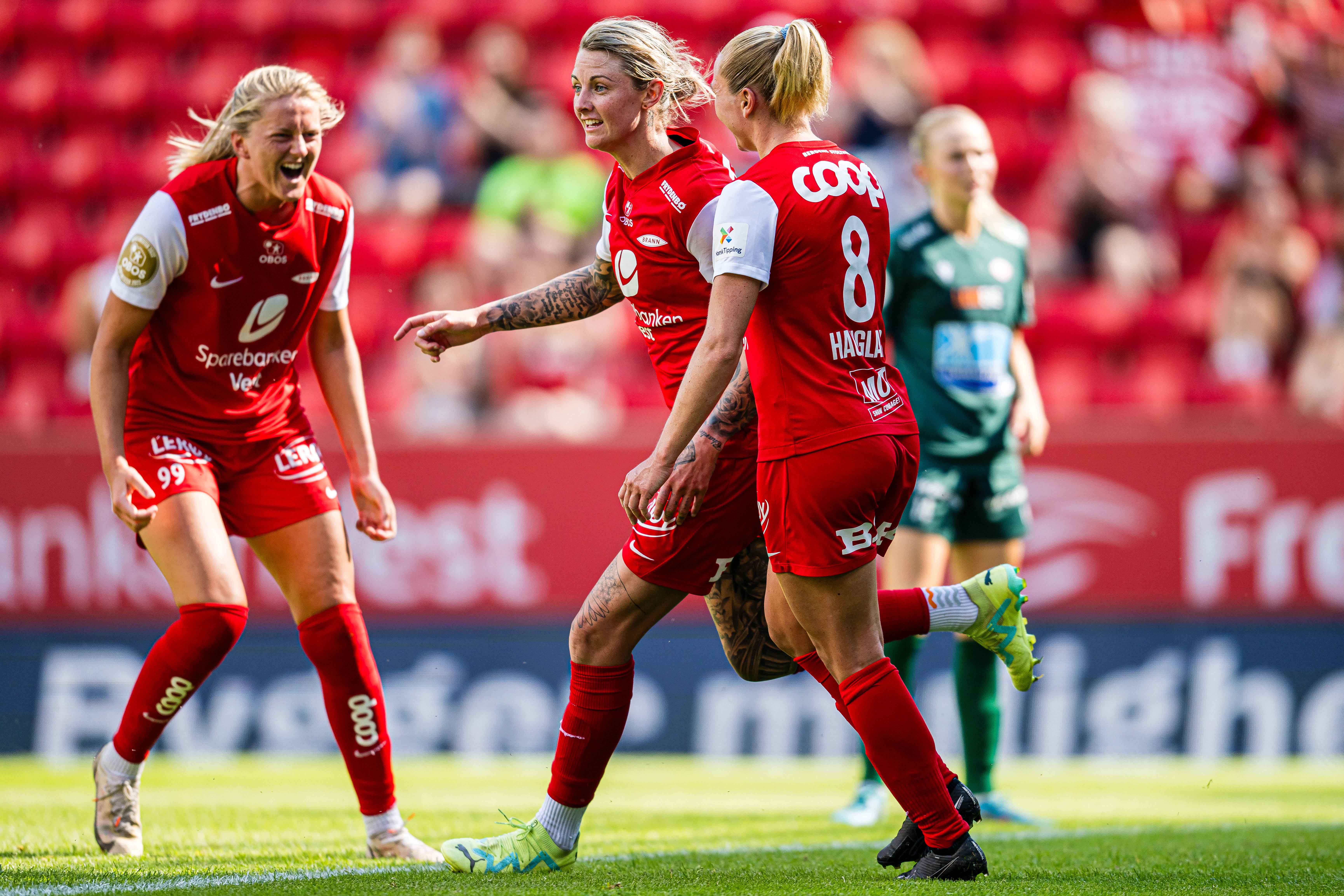 Larissa Rose Crummer of Brann celebrates after scoring the 2-0 goal during the Toppserien football match between Brann and Avaldsnes on June 18, 2023 in Bergen. Photo: Marius Simensen / BILDBYRAN