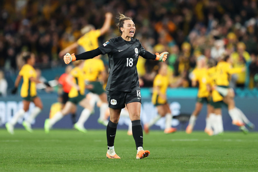  Mackenzie Arnold of Australia celebrates the team's first goal during the FIFA Women's World Cup Australia & New Zealand 2023 Group B match between Australia and Ireland at Stadium Australia on July 20, 2023 in Sydney, Australia. (Photo by Brendon Thorne/Getty Images)