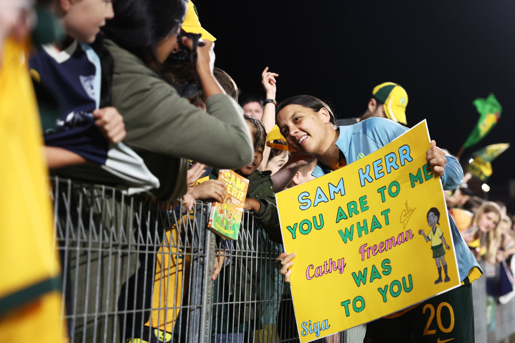Sam Kerr of the Matildas interacts with fans after the International Friendly match between the Australia Matildas and Thailand at Central Coast Stadium on November 15, 2022 in Gosford, Australia. (Photo by Matt King/Getty Images)