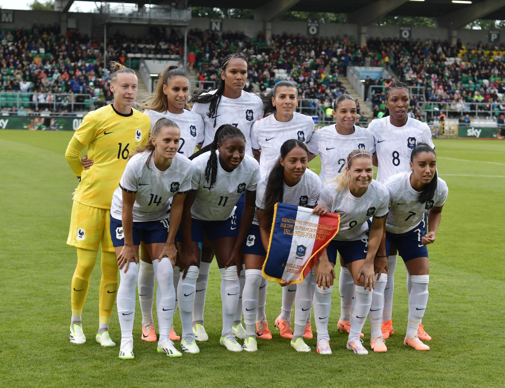 The France starting XI pose for a team photograph before the international women's football friendly match between Republic of Ireland and France at Tallaght Stadium on July 6, 2023 in Tallaght, Ireland. (Photo by Charles McQuillan/Getty Images)