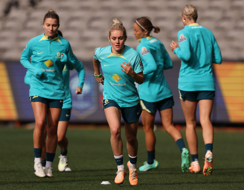 Ellie Carpenter of the Matildas warms up during an Australia Matildas Training session at Marvel Stadium on July 13, 2023 in Melbourne, Australia. (Photo by Robert Cianflone/Getty Images)