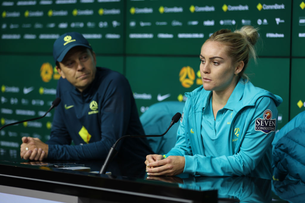 Matildas head coach Tony Gustavsson and Ellie Carpenter of the Matildas are seen during an Australia Matildas Training session at Marvel Stadium on July 13, 2023 in Melbourne, Australia. (Photo by Robert Cianflone/Getty Images)