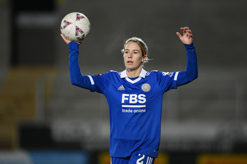 Courtney Nevin of Leicester in action during the Vitality Women's FA Cup Fourth Round match between Leicester City and Reading Wo at Pirelli Stadium on January 29, 2023 in Burton-upon-Trent, England. (Photo by Michael Regan/Getty Images)