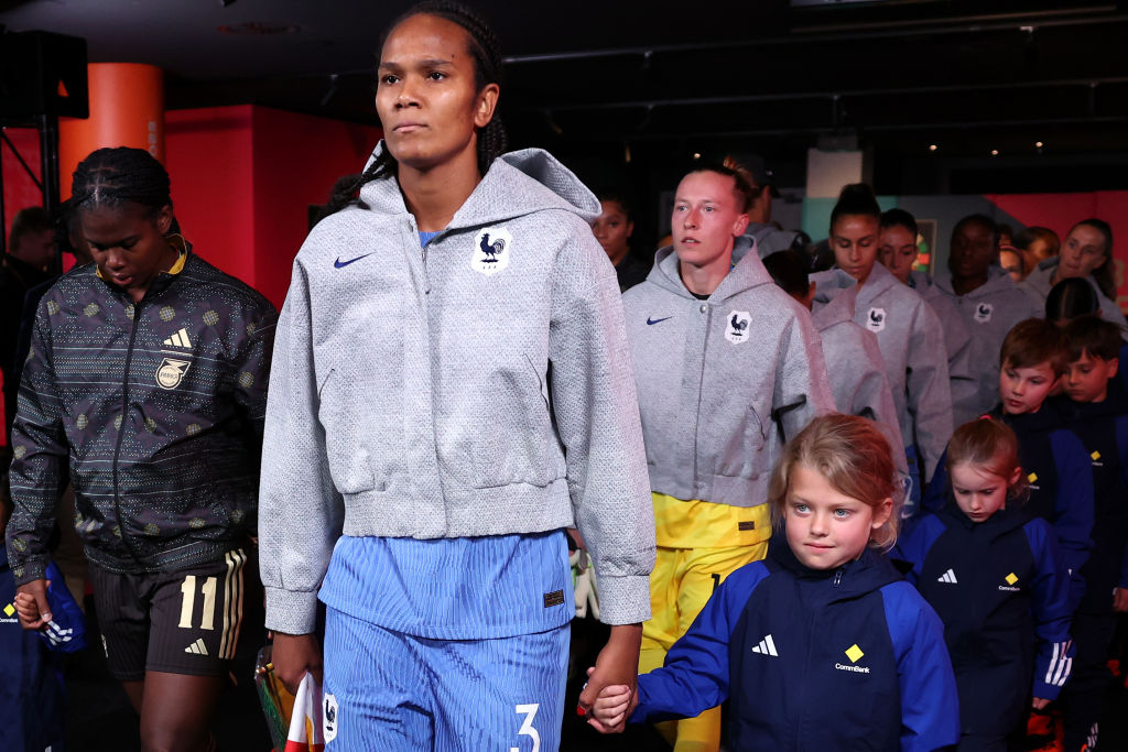 Wendie Renard of France and Khadija Shaw of Jamaica lead their teams to the pitch before the FIFA Women's World Cup Australia & New Zealand 2023 Group F match between France and Jamaica at Sydney Football Stadium on July 23, 2023 in Sydney, Australia. (Photo by Maddie Meyer - FIFA/FIFA via Getty Images)