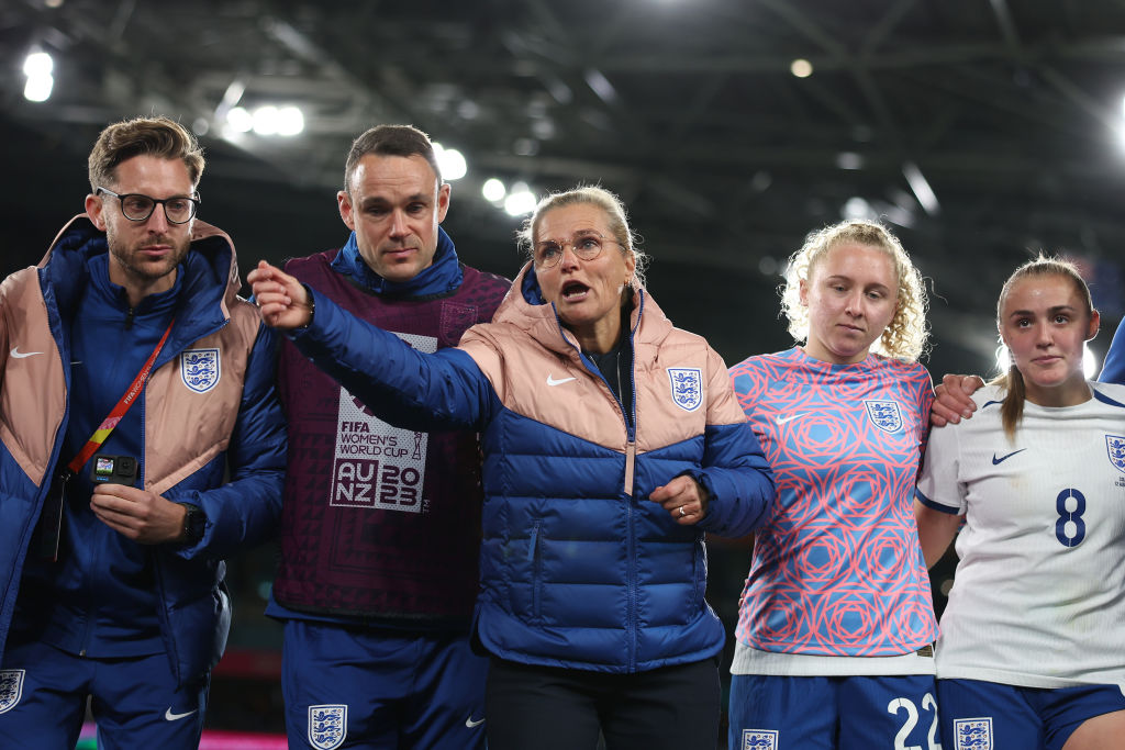 Sarina Wiegman, Head Coach of England, speaks to players in the huddle after the team's 2-1 victory in the FIFA Women's World Cup Australia & New Zealand 2023 Quarter Final match between England and Colombia at Stadium Australia on August 12, 2023 in Sydney / Gadigal, Australia. (Photo by Alex Pantling - FIFA/FIFA via Getty Images)