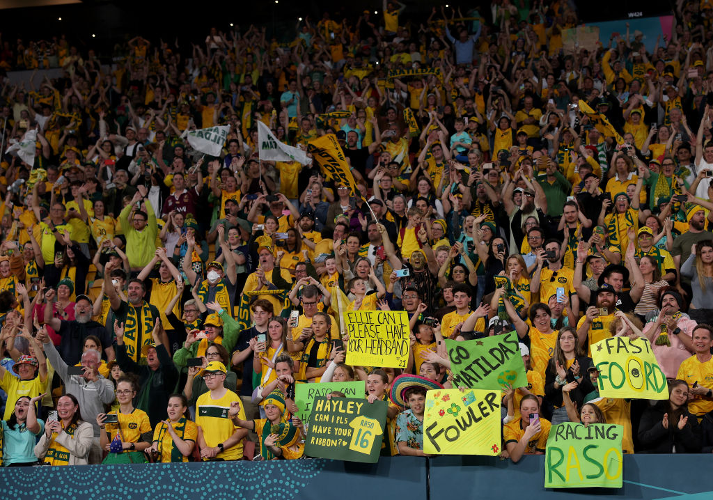 Australia fans celebrate the team’s victory through the penalty shootout following the FIFA Women's World Cup Australia & New Zealand 2023 Quarter Final match between Australia and France at Brisbane Stadium on August 12, 2023 in Brisbane / Meaanjin, Australia. (Photo by Elsa - FIFA/FIFA via Getty Images)