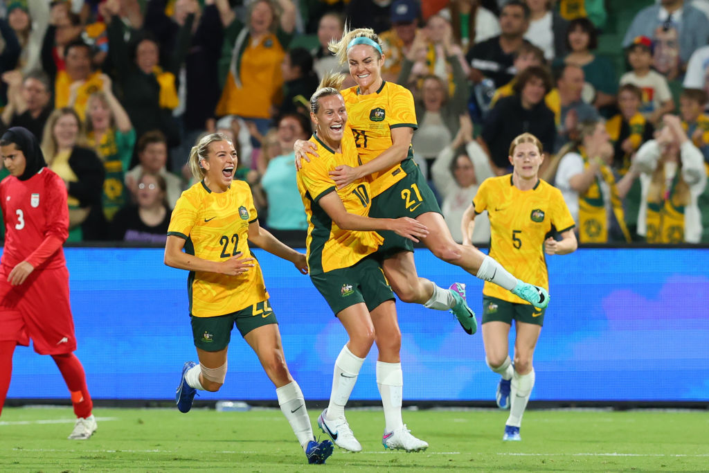 Ellie Carpenter of the Matildas celebrates her goal during the AFC Women's Asian Olympic Qualifier match between Australia Matildas and IR Iran at HBF Park on October 26, 2023 in Perth, Australia. (Photo by James Worsfold/Getty Images)