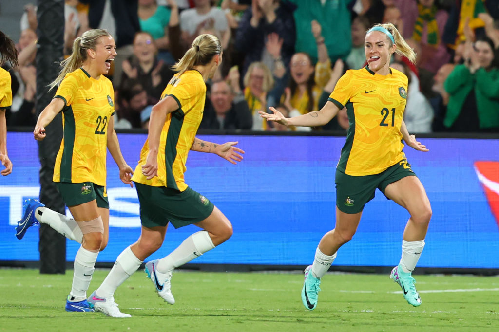 PERTH, AUSTRALIA - OCTOBER 26: Ellie Carpenter of the Matildas celebrates her goal during the AFC Women's Asian Olympic Qualifier match between Australia Matildas and IR Iran at HBF Park on October 26, 2023 in Perth, Australia. (Photo by James Worsfold/Getty Images)