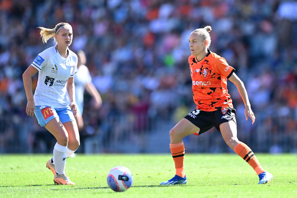 Tameka Yallop of Brisbane in action during the A-League Women round two match between Brisbane Roar and Sydney FC at Ballymore Stadium, on October 21, 2023, in Brisbane, Australia. (Photo by Albert Perez/Getty Images)