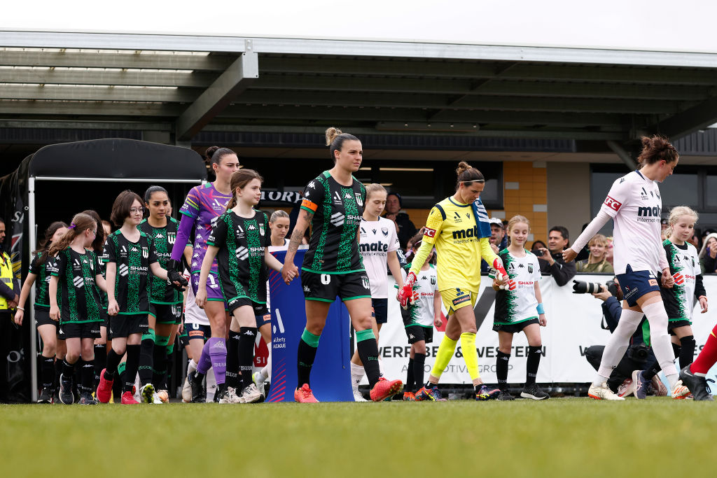 Chloe Logarzo of Western United lead their teams out during the A-League Women round two match between Western United and Melbourne Victory at City Vista Recreation Reserve, on October 22, 2023, in Melbourne, Australia. (Photo by Daniel Pockett/Getty Images)