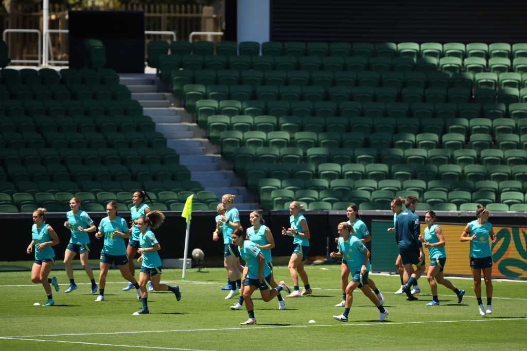 The Matildas warm up during an Australia Matildas training session at HBF Park on October 25, 2023 in Perth, Australia. (Photo by James Worsfold/Getty Images)