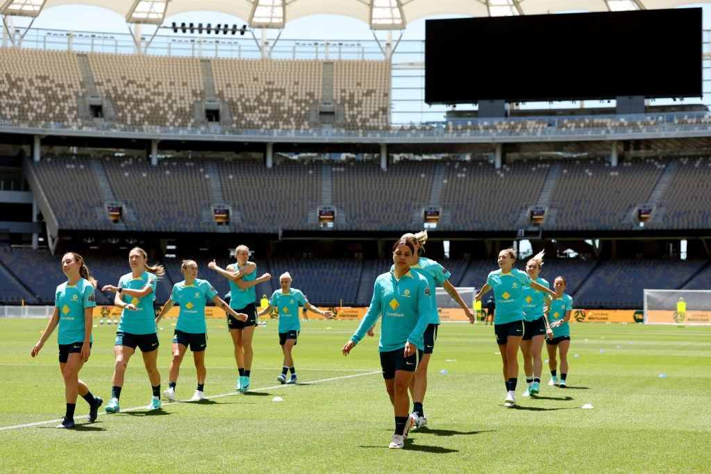 Samantha Kerr of the Matildas during an Australia Matildas training session at Optus Stadium on October 28, 2023 in Perth, Australia. (Photo by Will Russell/Getty Images)