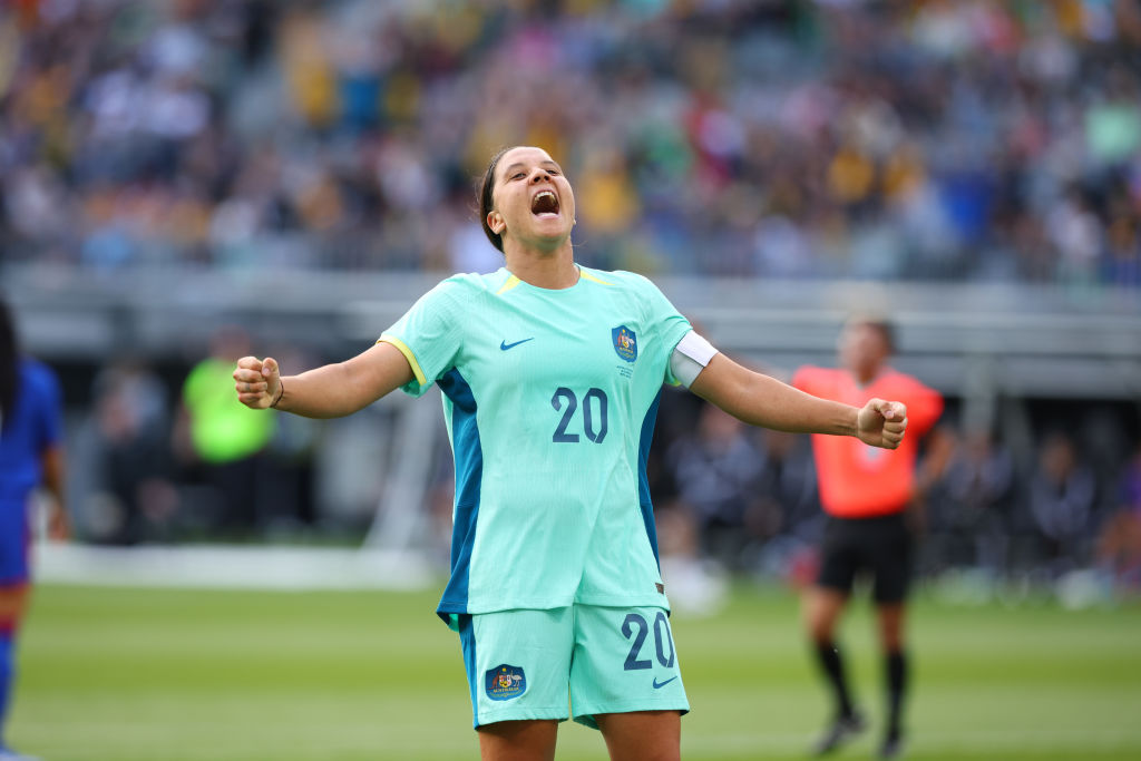 Sam Kerr of the Matildas celebrates her 2nd goal during the AFC Women's Asian Olympic Qualifier match between Philippines and Australia Matildas at Optus Stadium on October 29, 2023 in Perth, Australia. (Photo by James Worsfold/Getty Images)