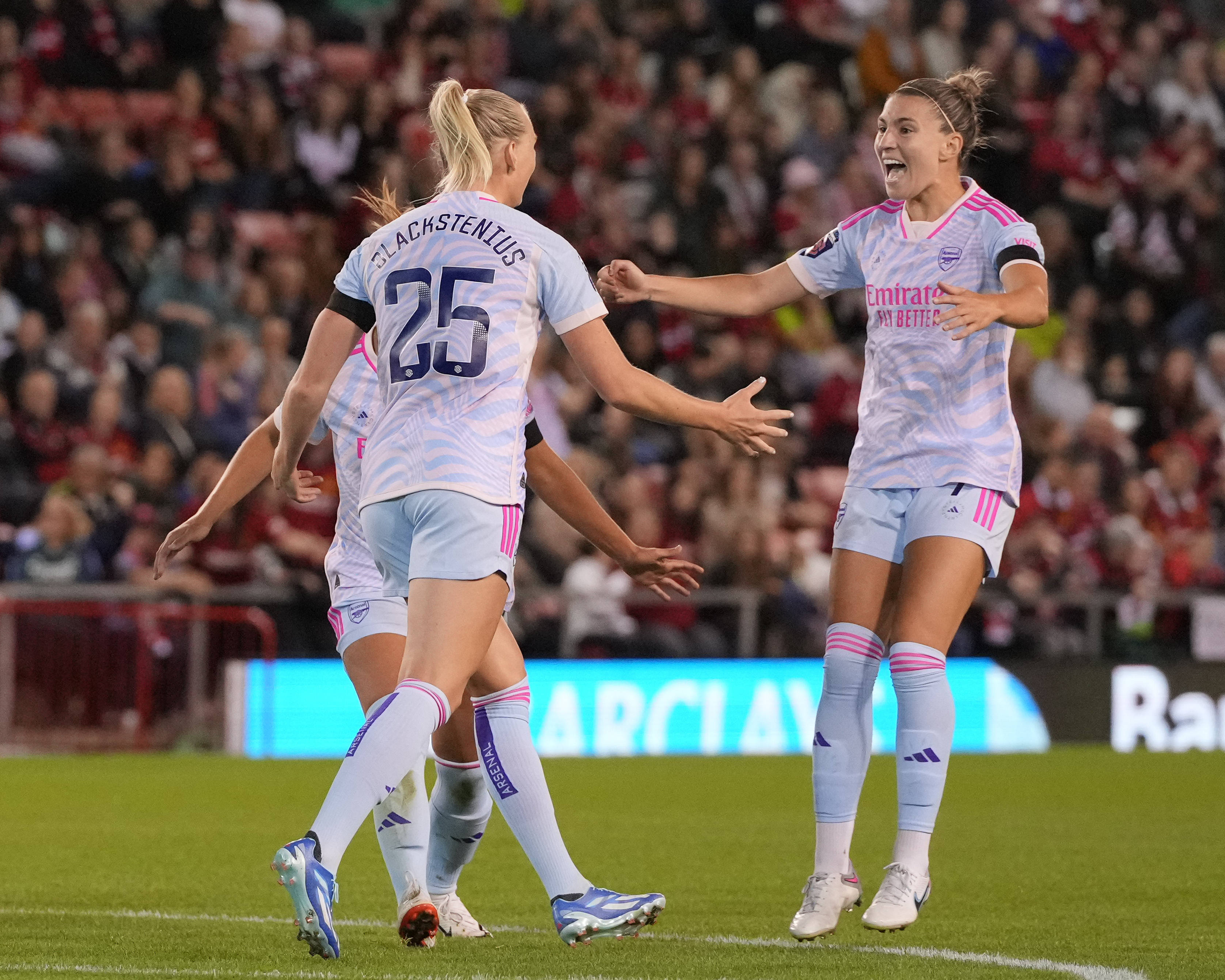 Stina Blackstenius 25 of Arsenal Women celebrates after she scores a goal to make it 0-1 during the The FA Women s Super League match Manchester United Women vs Arsenal Women at Leigh Sports Village, Leigh, United Kingdom, 6th October 2023 (Photo by Steve Flynn/News Images)