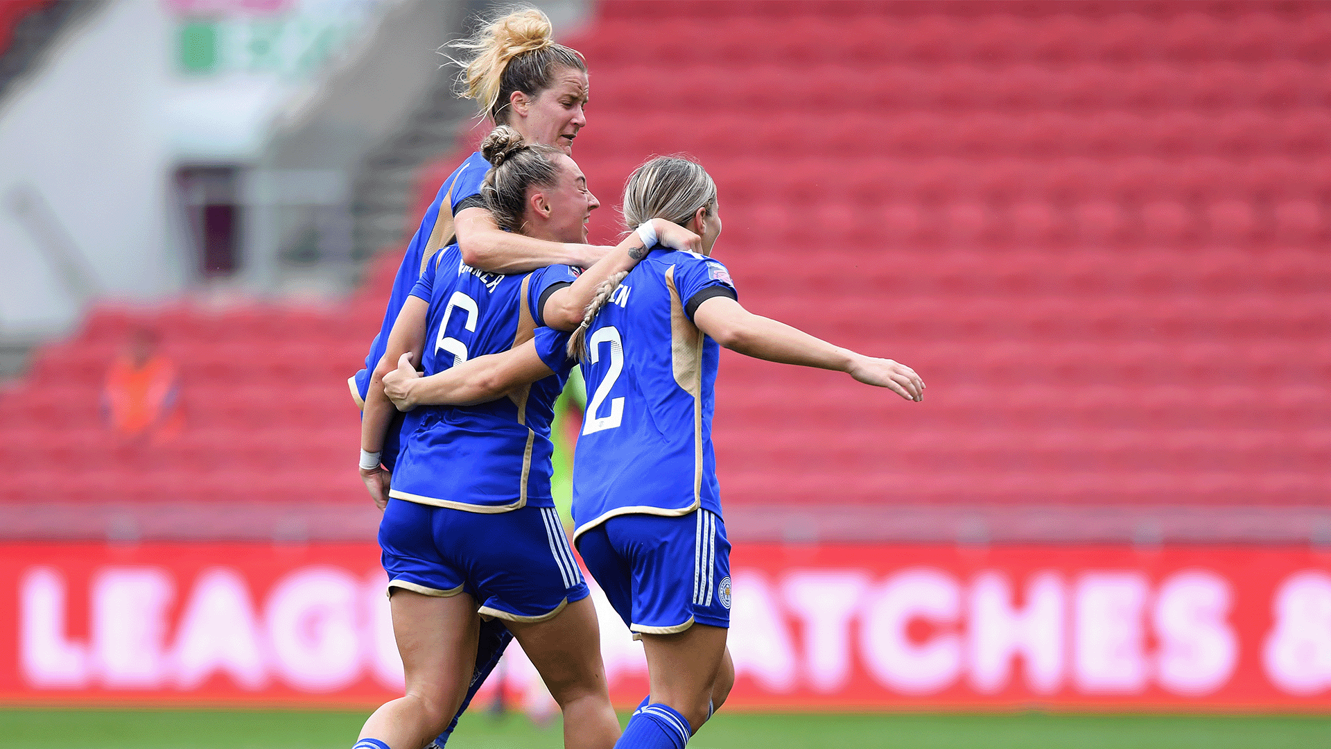 Aimee Palmer of Leicester City celebrates scoring the first goal for Leicester City with Sophie Howard and Courtney Nevin during the Barclays Women’s Super League match between Bristol City and Leicester City. (Photo: Leicester City FC)