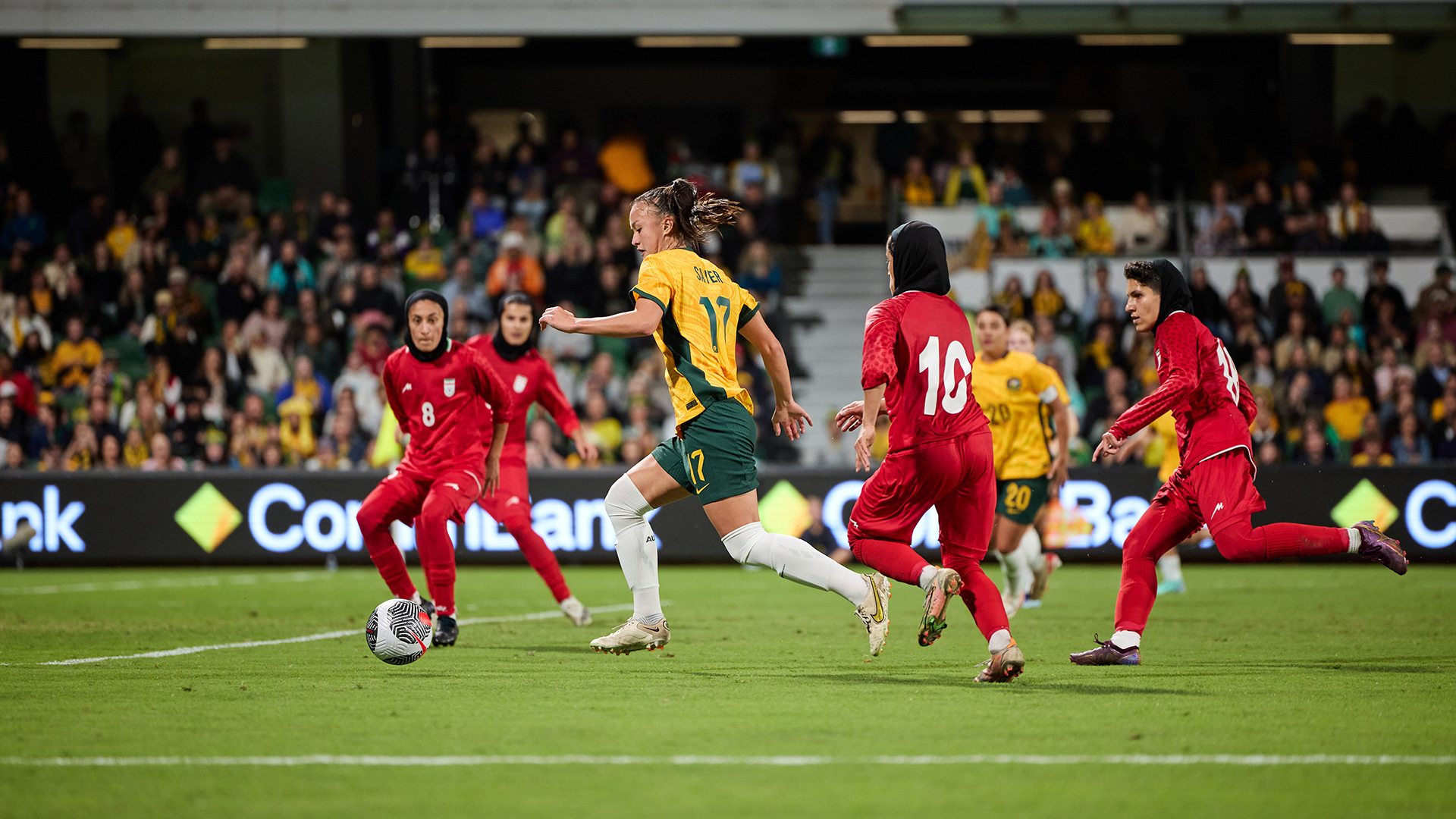 Amy Sayer during the CommBank Matildas' Olympic Qualifier against IR Iran at HBF Park in Perth. (Photo: Rachel Bach/By The White Line)