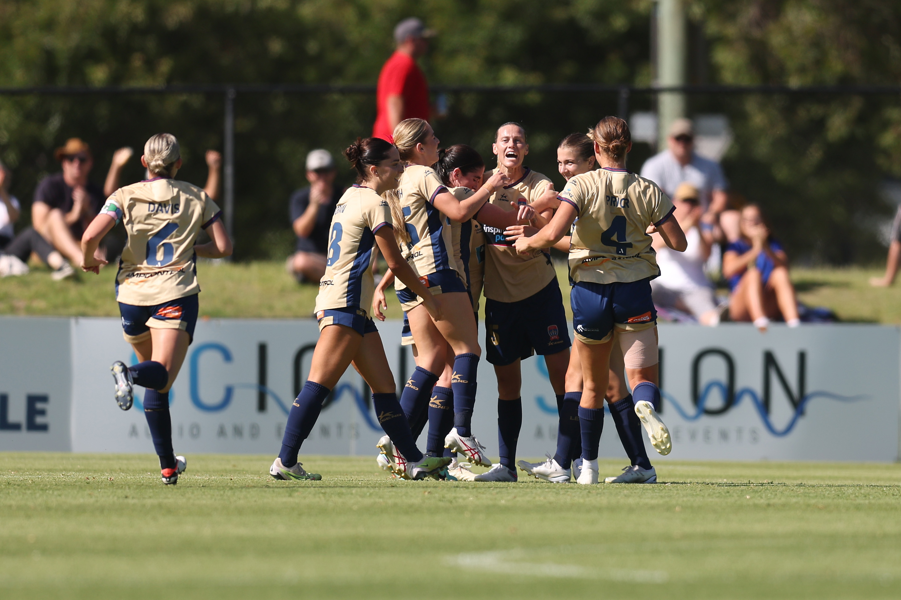 Emily Van Egmond of the Jets celebrates goal with team mates during the A-League Women round five match between Newcastle Jets and Melbourne City at No. 2 Sports Ground, on November 19, 2023, in Newcastle, Australia. (Photo by Scott Gardiner/Getty Images)
