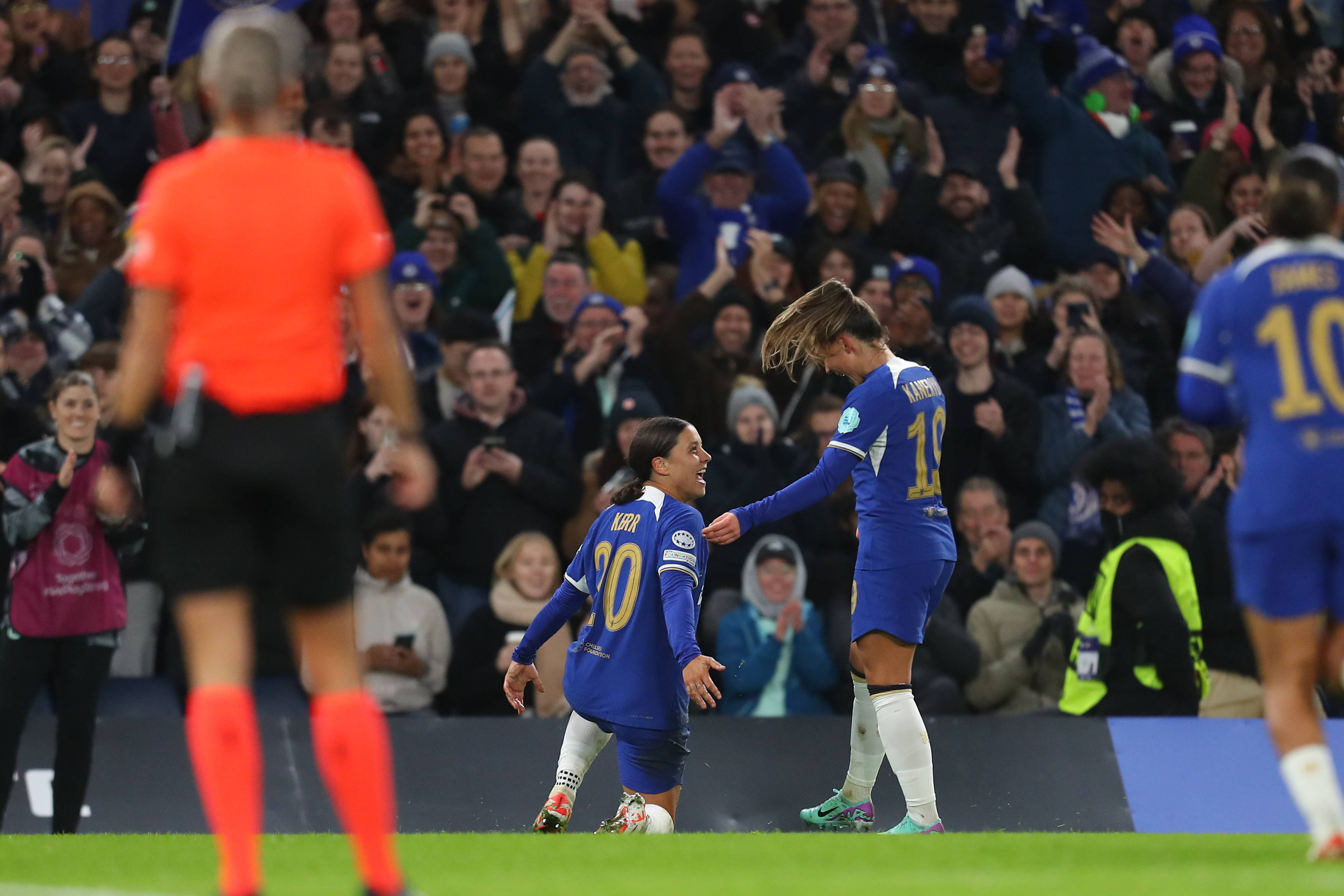 Sam Kerr of Chelsea celebrates her goal in the 55th minute for a hat trick for 3-1.