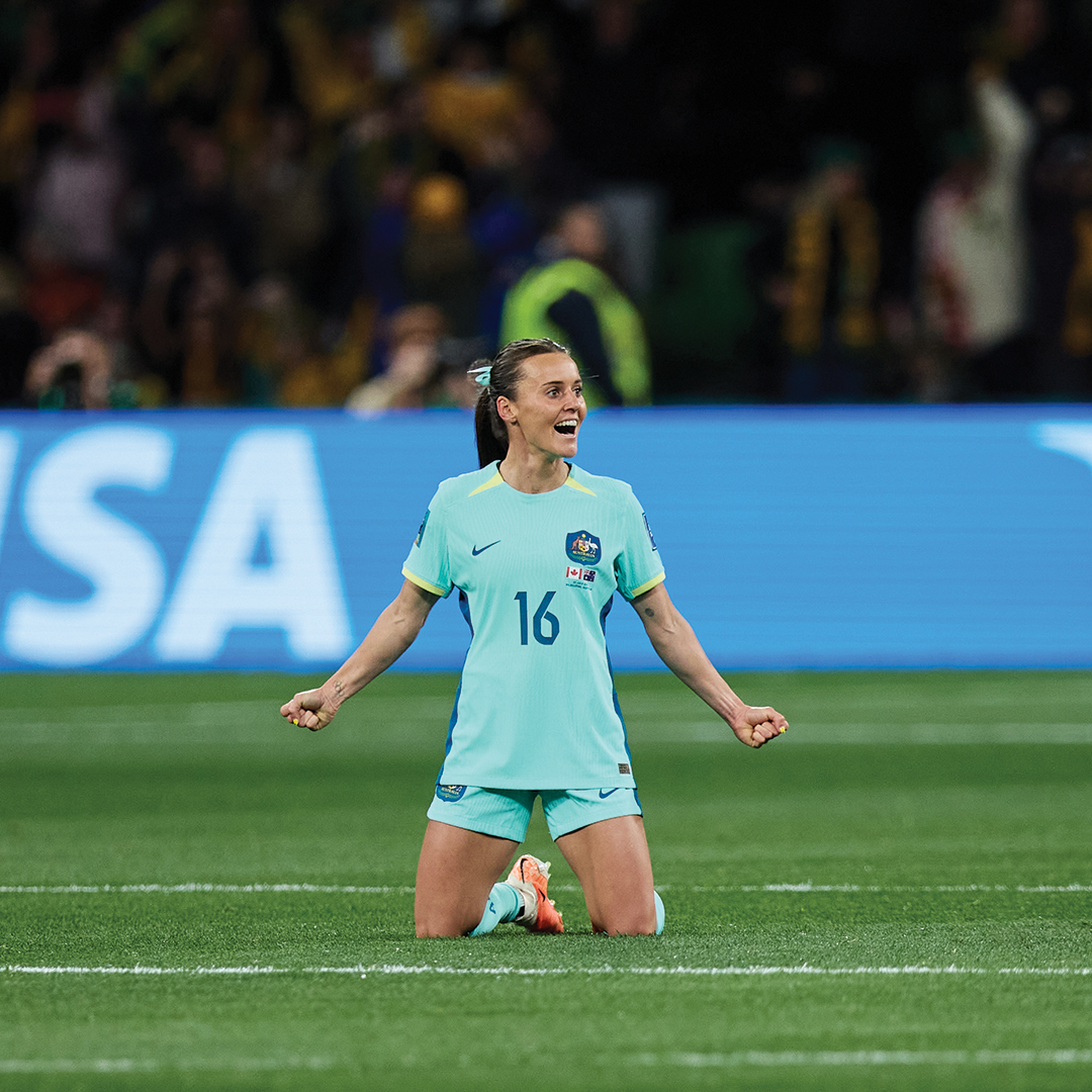 Hayley Raso celebrates her goal against Canada