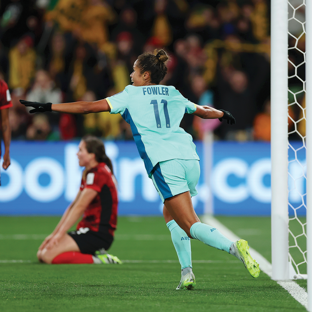 Mary Fowler celebrates her goal against Canada