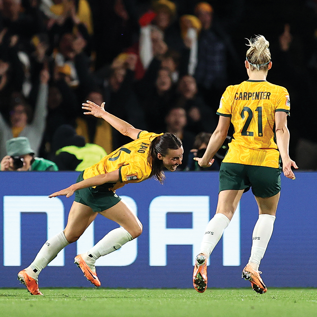 Hayley Raso celebrates her goal against Denmark.