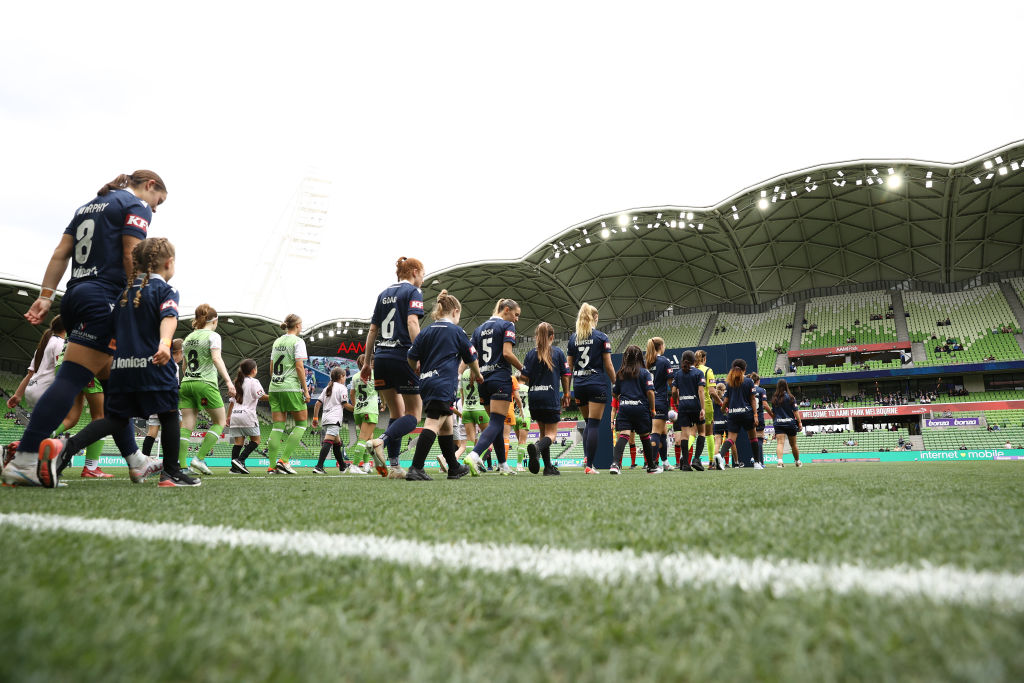 The teams head out during the A-League Women round 8 match between Melbourne Victory and Canberra United at AAMI Park, on December 16, 2023, in Melbourne, Australia. (Photo by Robert Cianflone/Getty Images)